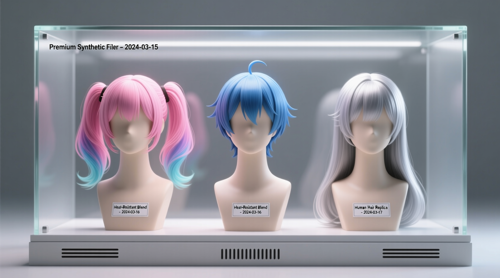 Three identical anime cosplay wigs mounted on ventilated, matte-finish wig heads inside a shallow, frosted-glass cabinet with discreet airflow vents along the base and top; labeled tags visible on each head indicating fiber type and storage start date