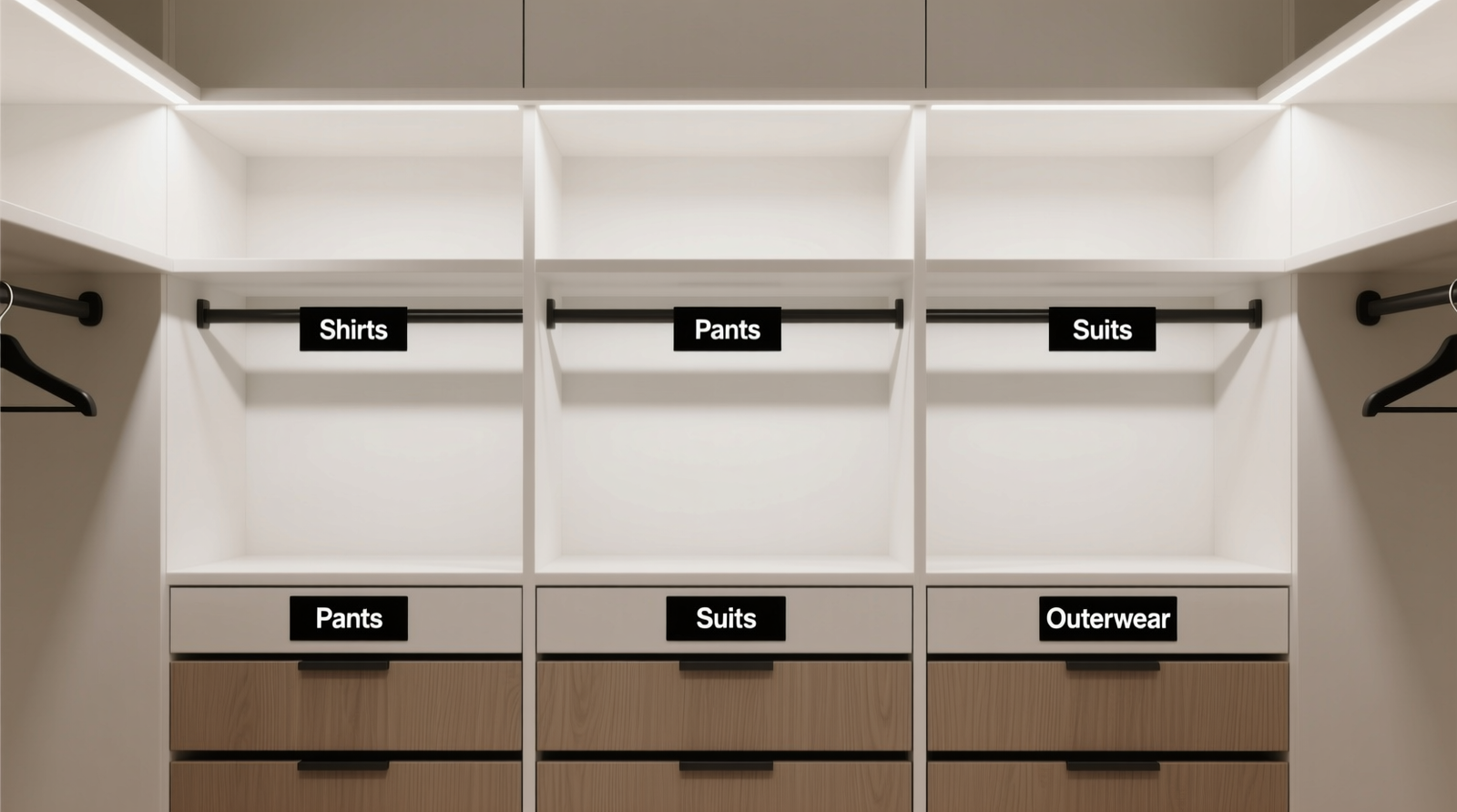A minimalist closet with evenly spaced, black-on-white thermal labels on drawer fronts and hanging rods—each label showing only one category name in clean, bold sans-serif type, with no decorative elements or color variation