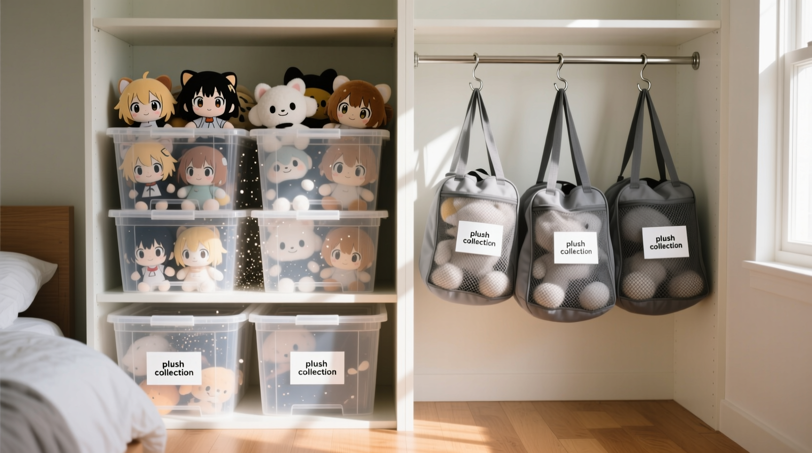 Two side-by-side closet shelves: left shows anime plushes crammed upright in opaque plastic bins with visible dust halos; right shows identical plushes loosely nested in gray ventilated mesh duffels hanging from S-hooks, with clean fabric surfaces and labeled, minimalist tags