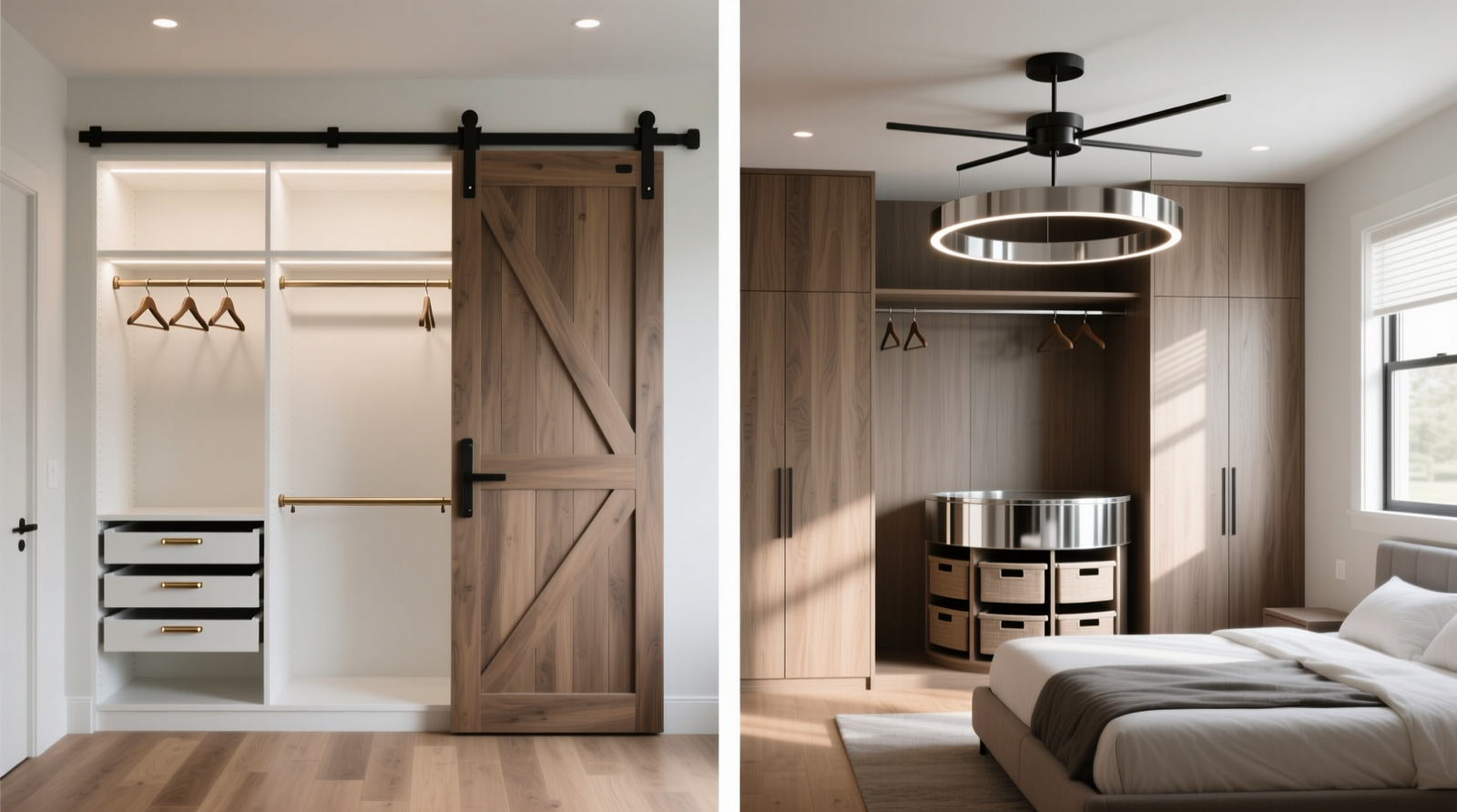 Side-by-side comparison: a compact 6-foot-wide reach-in closet with sliding barn door, double-hang rods, and shallow pull-out shelves versus an identical closet fitted with a ceiling-mounted carousel unit partially blocked by a bed frame