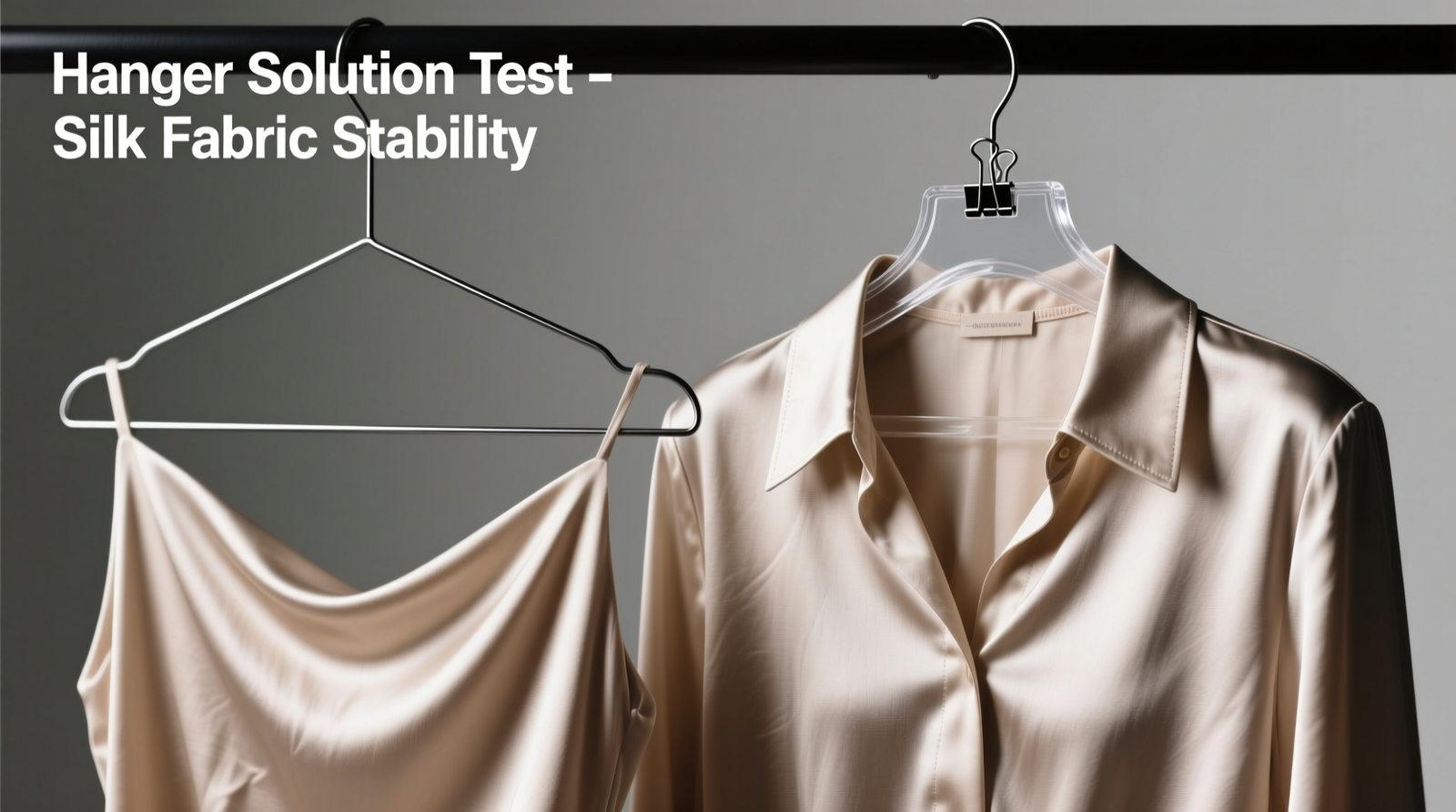 Close-up photo showing two identical silk blouses: left draped on a standard hanger with visible shoulder slippage; right secured with translucent acrylic hanger clips precisely gripping the folded collar edge, fabric lying flat and symmetrical