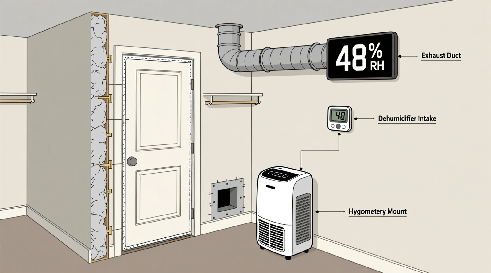 Cross-section diagram showing a basement closet with sealed door, inline exhaust duct exiting through foundation wall, and hygrometer mounted beside dehumidifier intake