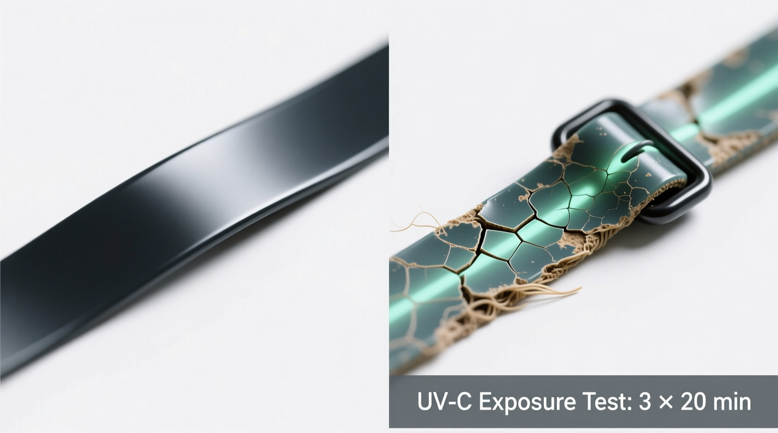 Side-by-side macro photography: left shows intact elastic strap with smooth sheen and uniform thickness; right shows same strap after three 20-minute UV-C exposures—visible cracking, dulling, and localized thinning at stress points