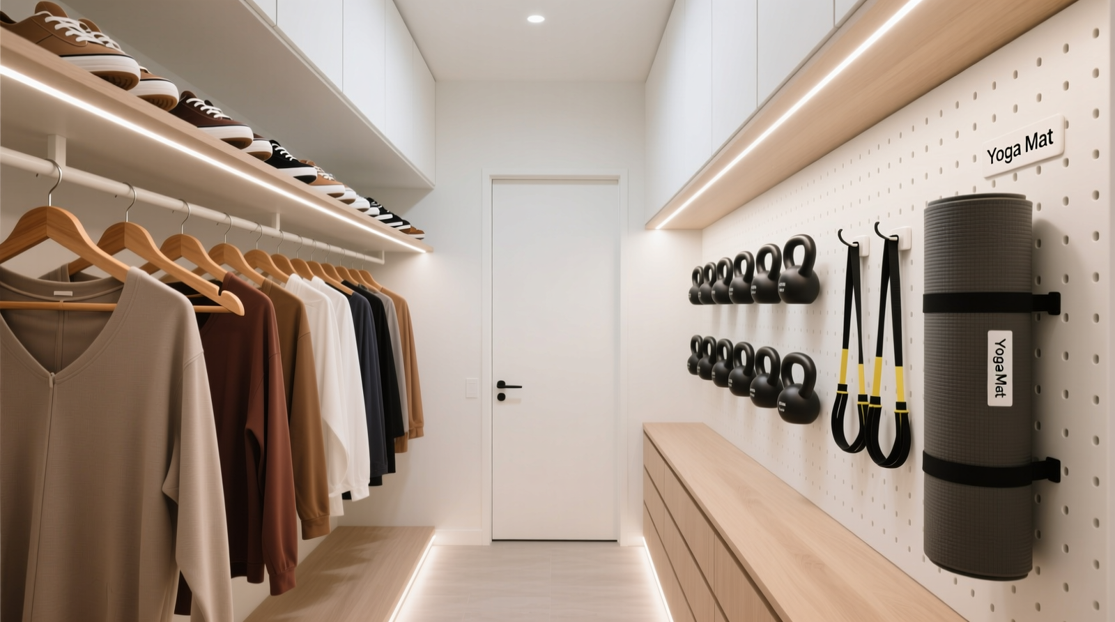 A narrow reach-in closet showing left side with hanging clothes and shelf-stored shoes, right wall with white pegboard holding kettlebells, resistance bands, and yoga mat rolled on a dedicated hook, center aisle fully clear with subtle LED strip lighting under upper shelves