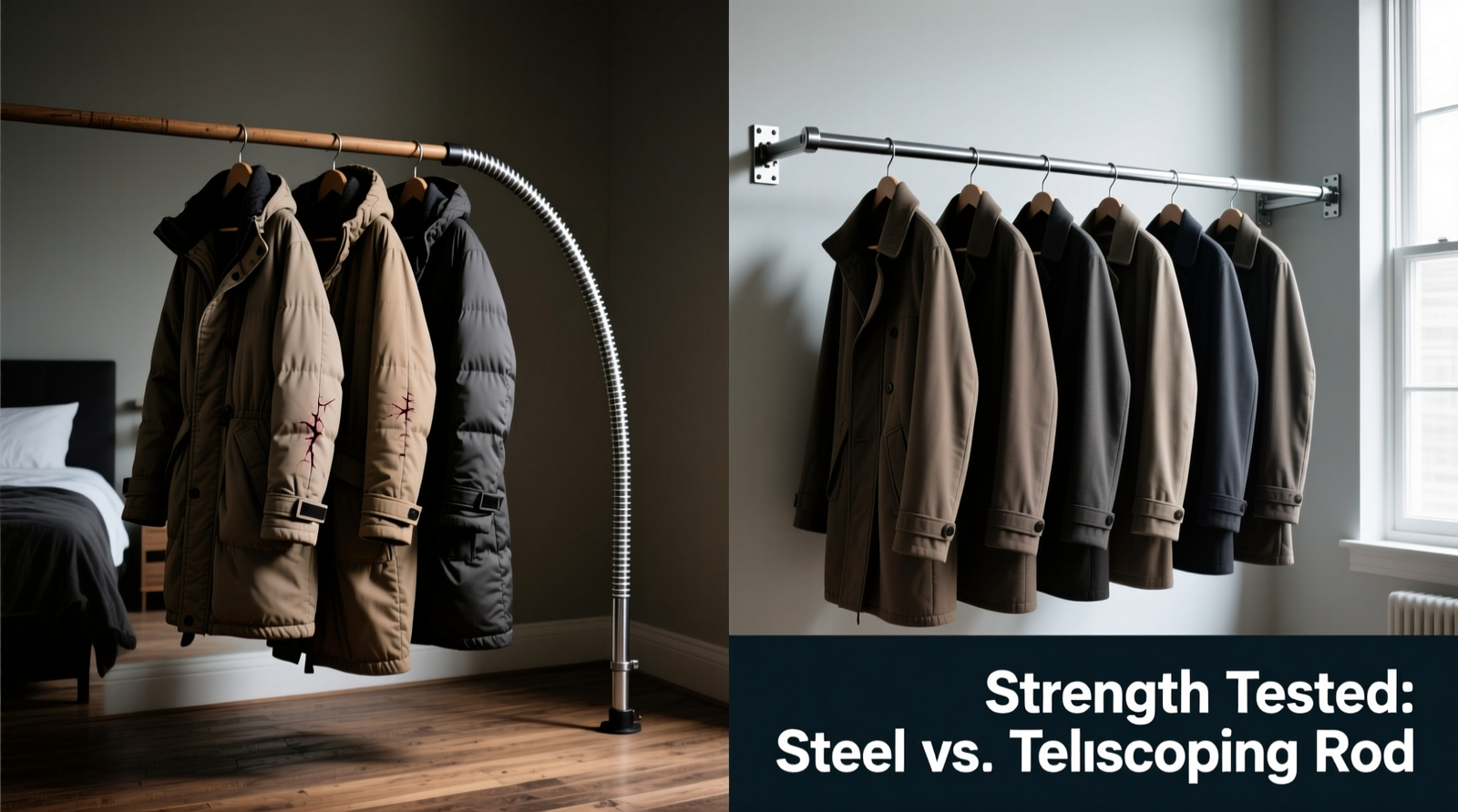 Side-by-side comparison: left shows a bent telescoping rod sagging under five heavy coats; right shows a straight, stud-mounted adjustable steel rod holding eight coats with uniform spacing and no visible deflection
