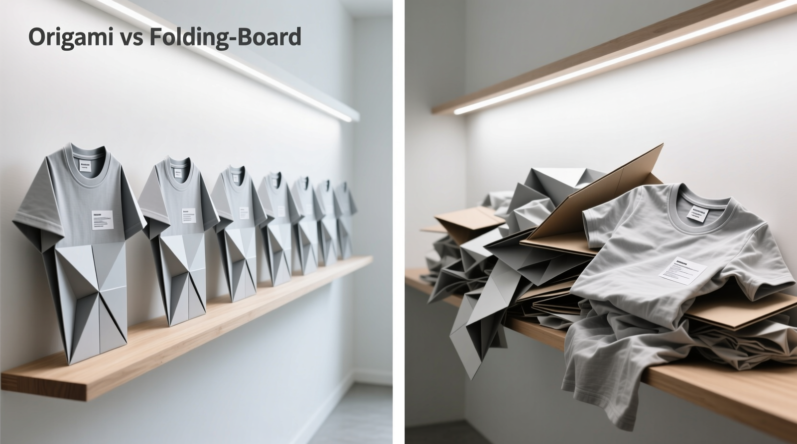 Side-by-side comparison: left shows origami-folded t-shirts standing upright in a narrow 25cm-deep shelf, each clearly visible and fully supported; right shows folding-board-folded shirts slumped forward, overlapping and obscuring labels