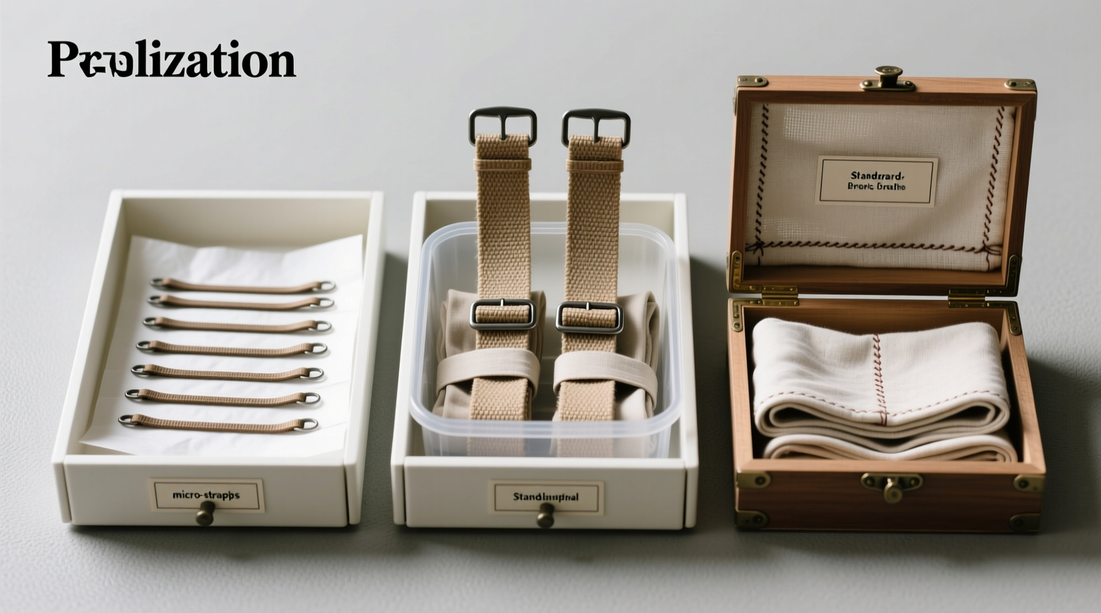 Three labeled drawer compartments: left shows micro-straps lying flat with acid-free tissue between each; center displays standard-straps standing upright in a low bin, folded at bustline; right reveals wide-straps folded once and resting in a rigid, lidless archival box with breathable cotton liner