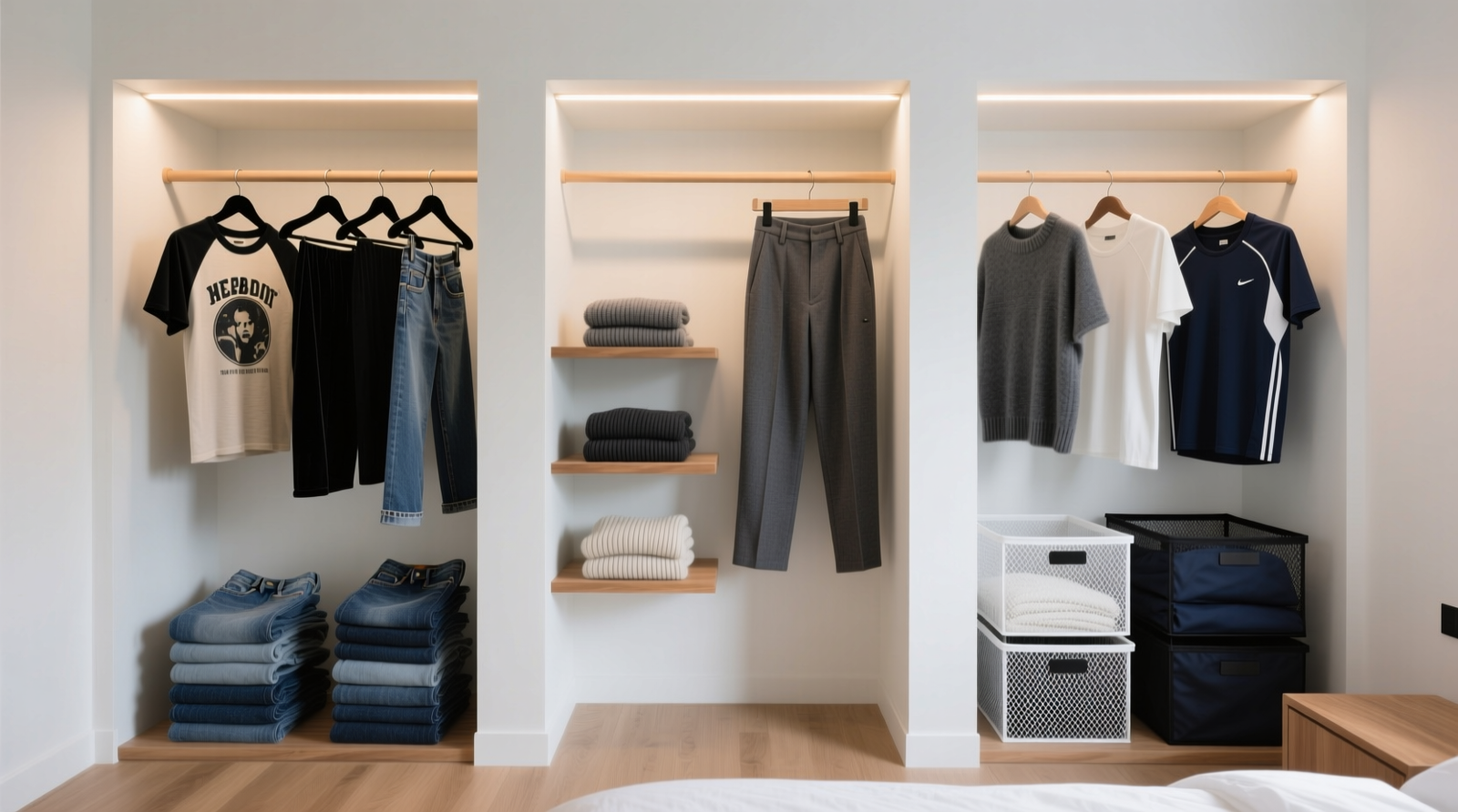 Three vertically aligned closet zones: left zone with vintage band tees on slim black hangers and stacked denim; center zone with minimalist wool trousers and folded knits on shallow oak shelves; right zone with athletic wear in monochrome mesh bins—all under identical warm-white LED strips