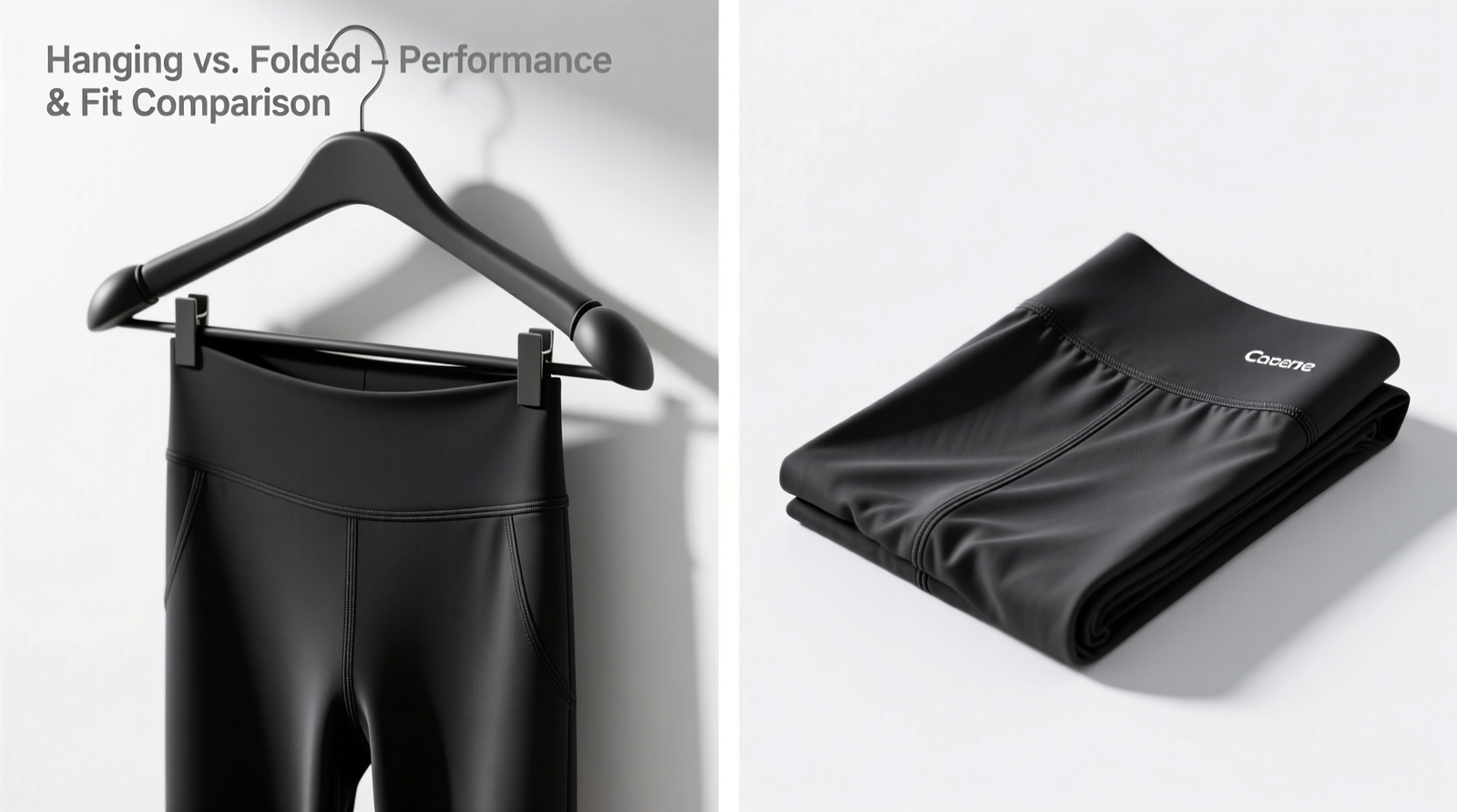 Side-by-side comparison: left shows leggings hanging on wide padded hangers with smooth waistbands and aligned seams; right shows folded leggings with visible creases across waistbands and misaligned side seams