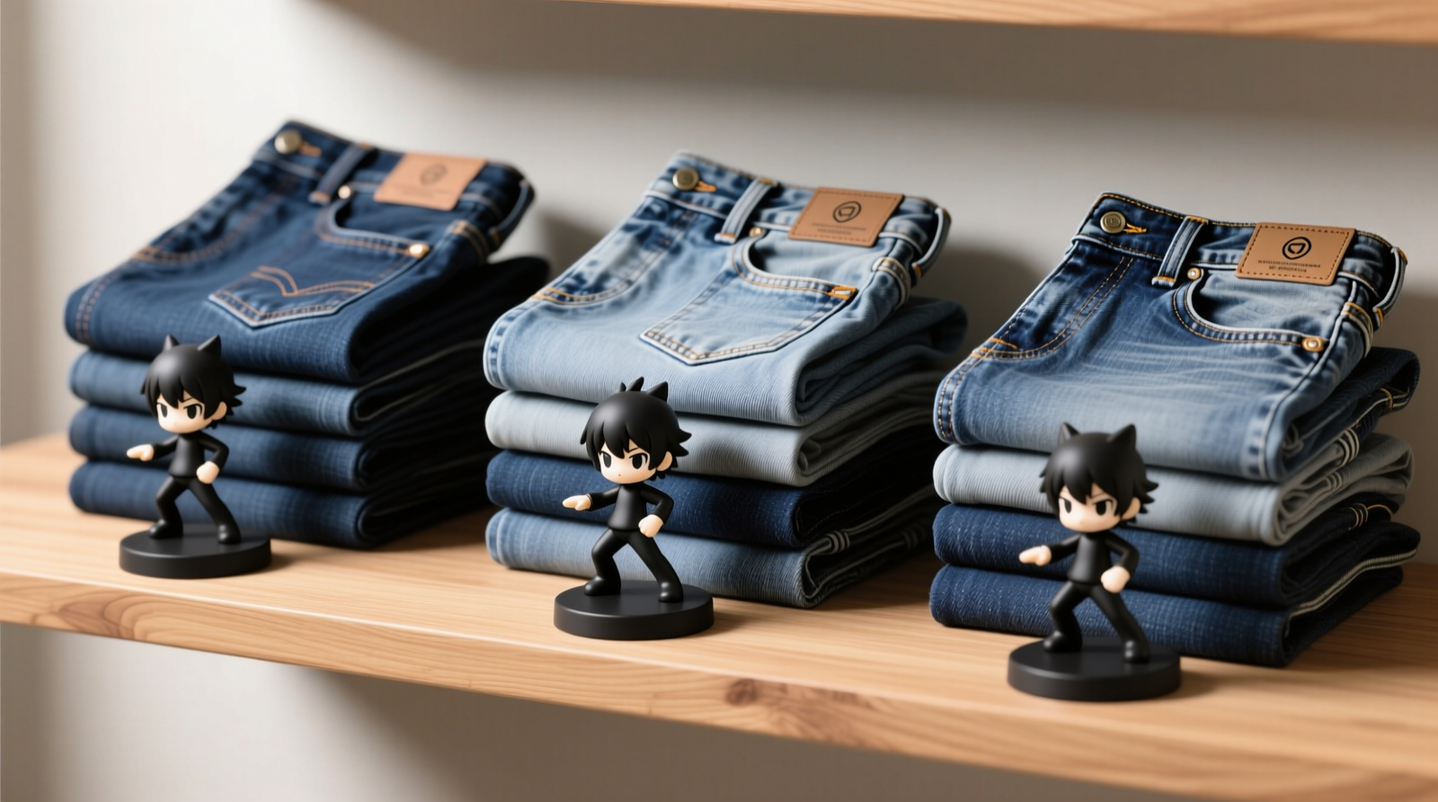 Three denim stacks folded identically, each elevated 2 inches by matte-black anime figurine risers on a light oak shelf; top folds clearly visible, revealing contrasting pocket stitching and waistband details—no overlapping or shadowing