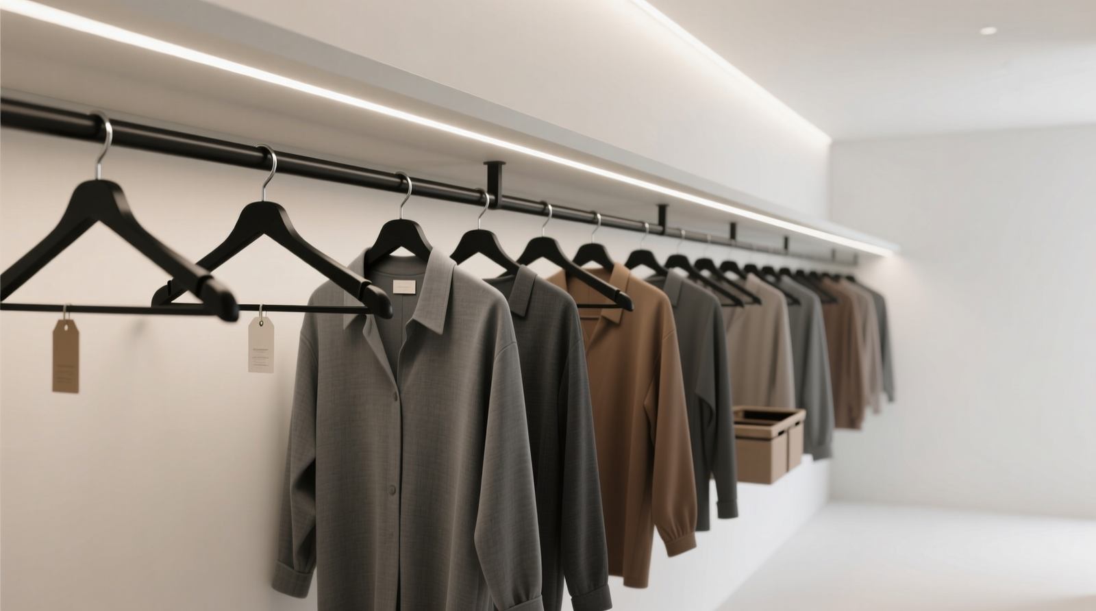 A minimalist closet showing three clearly defined zones: top hanging rail with identically spaced black hoodies and a single headset on a wall hook; mid-level magnetic dock holding two controllers and a charging hub; bottom with two shallow acrylic bins labeled 'CABLES' and 'BACKUPS', all against matte-gray walls and recessed LED strip lighting.