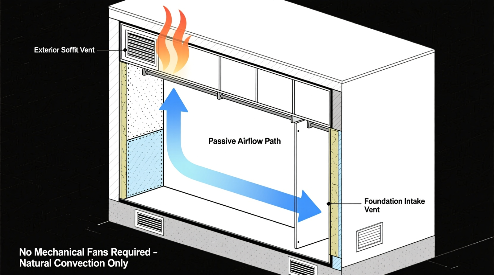 Cross-section diagram showing passive ventilation panels installed at top and bottom of closet wall, aligned with exterior soffit and foundation vents to enable natural convection airflow without fans or mechanical systems