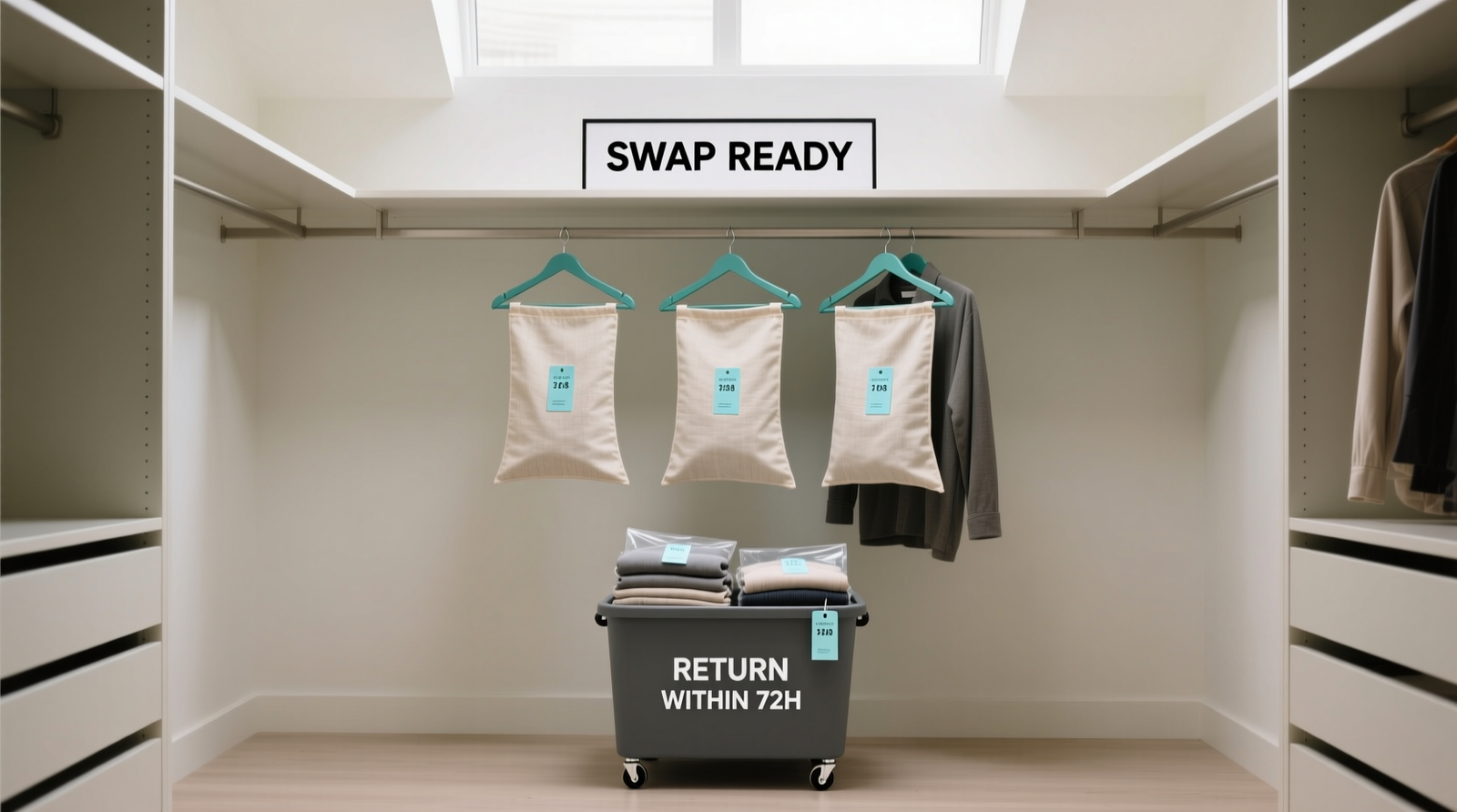 A minimalist walk-in closet with a clearly marked top shelf labeled 'SWAP READY' holding three garments on teal hangers in reusable cotton bags, and a low-profile wheeled bin labeled 'RETURN WITHIN 72H' containing folded rental items with date tags visible