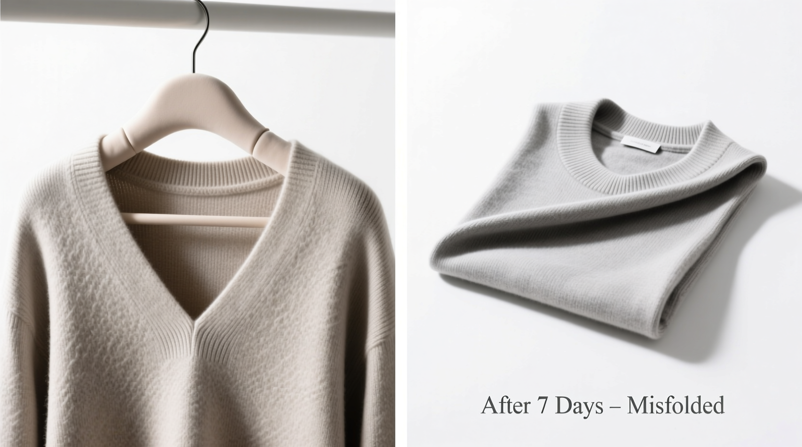 Side-by-side comparison: left shows a cashmere sweater draped over a wide padded hanger with precise bust-line fold; right shows the same sweater misfolded at the collar, causing visible shoulder seam elongation after one week
