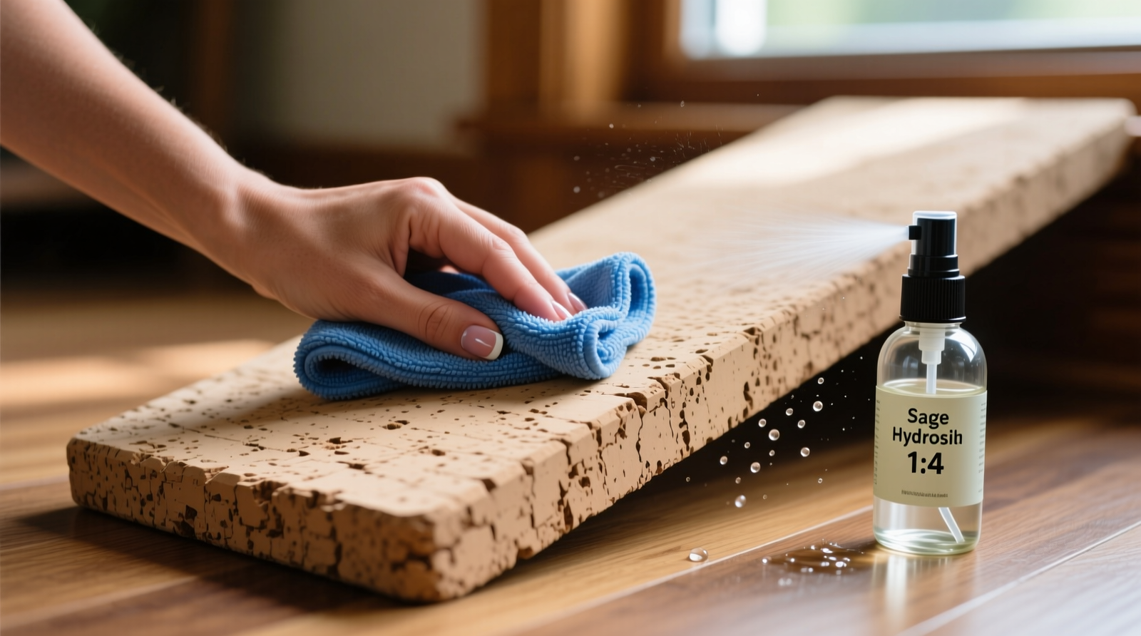 Close-up of a hand using a folded blue microfiber cloth to gently polish the textured surface of a beige cork dog ramp, with a fine mist spray bottle labeled 'Sage Hydrosol 1:4' resting nearby on a hardwood floor