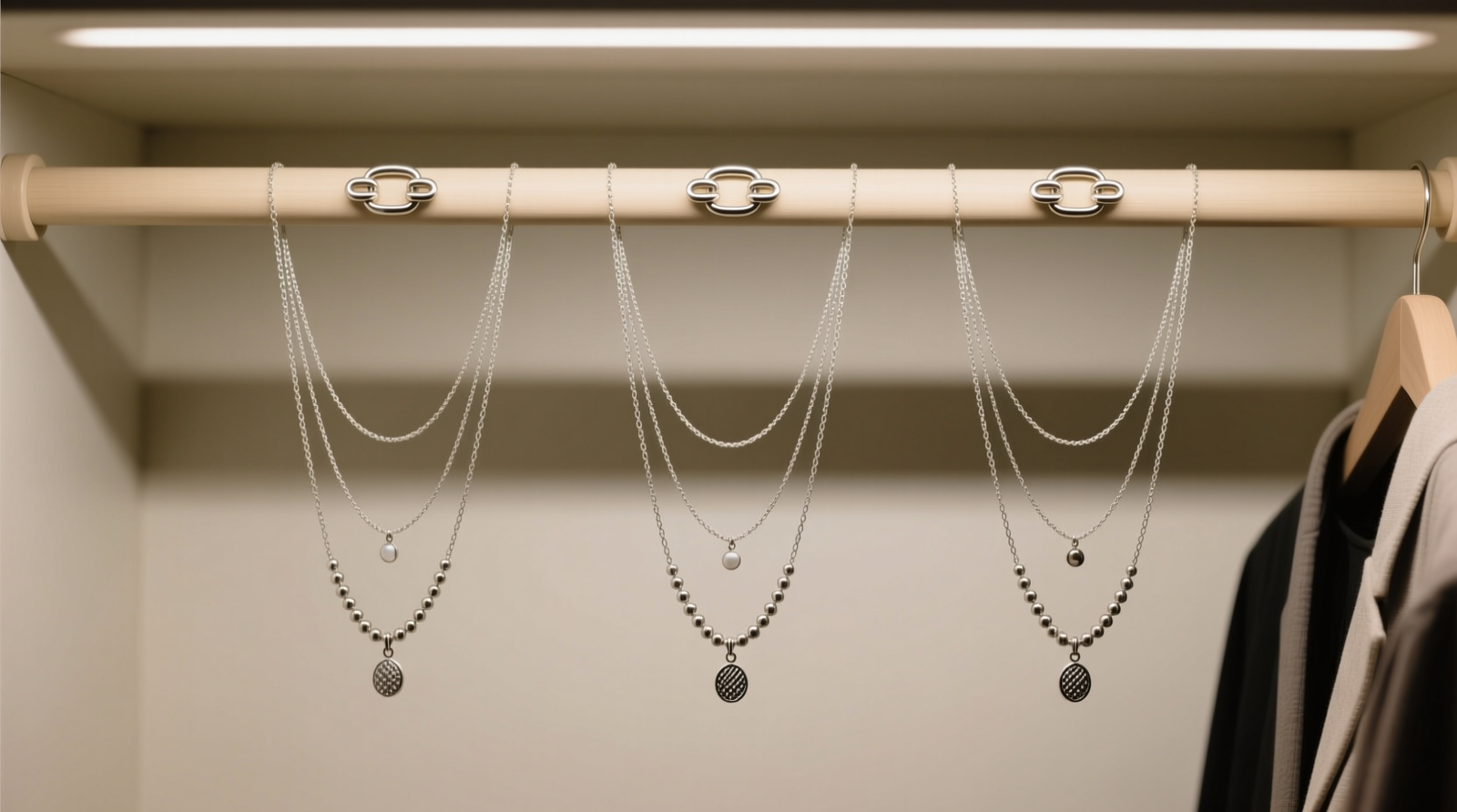 Overhead photo showing three layered necklaces evenly spaced along a closet rod, each draped symmetrically with center links resting directly on the rod and ends hanging freely at equal lengths—no overlapping, no twisting, no clasps visible