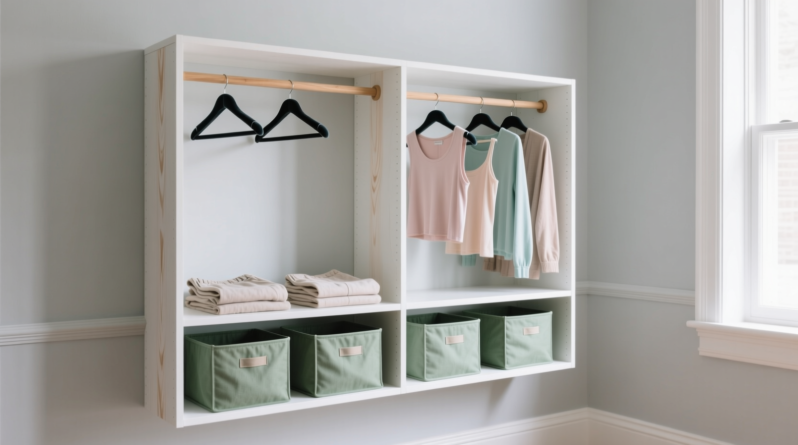 A white-painted wooden bookshelf converted into a closet organizer: two horizontal garment rods installed at different heights, minimalist velvet hangers holding pastel tops and folded linen pants, a single lower shelf with three fabric bins in muted sage, all against a light gray wall with baseboard molding visible