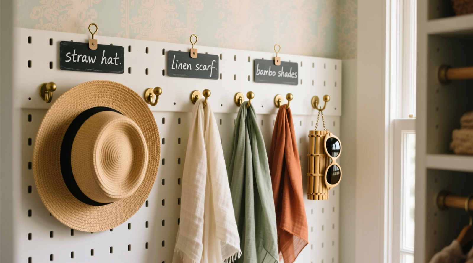 A narrow closet interior showing a clean white pegboard wall mounted at eye level, with neatly arranged summer accessories: woven straw hats on wide hooks, linen scarves draped over ball-top hooks, and bamboo sunglasses cases clipped to micro-hangers—all labeled with minimalist chalkboard tape tags