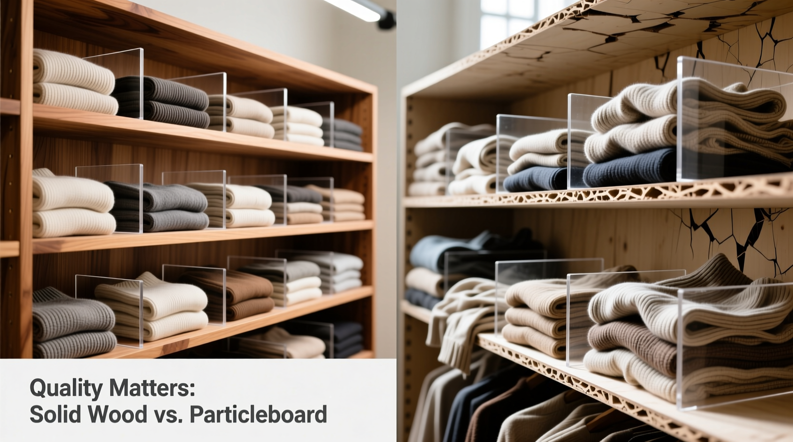Side-by-side comparison showing properly spaced acrylic dividers holding uniformly folded sweaters on a solid wood shelf versus a sagging particleboard shelf with crooked, overlapping dividers and wrinkled stacks