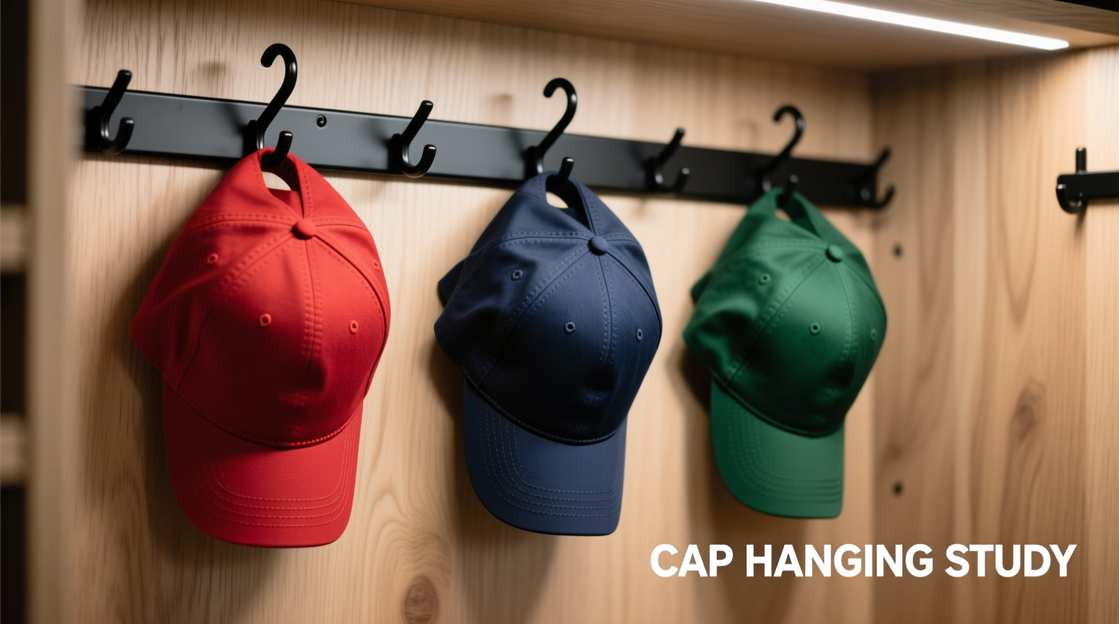 Close-up of three baseball caps vertically hung on evenly spaced, matte-black metal hooks mounted on a light oak closet wall; each cap faces forward, brim resting gently on hook curve, crown fully suspended and uncontacted