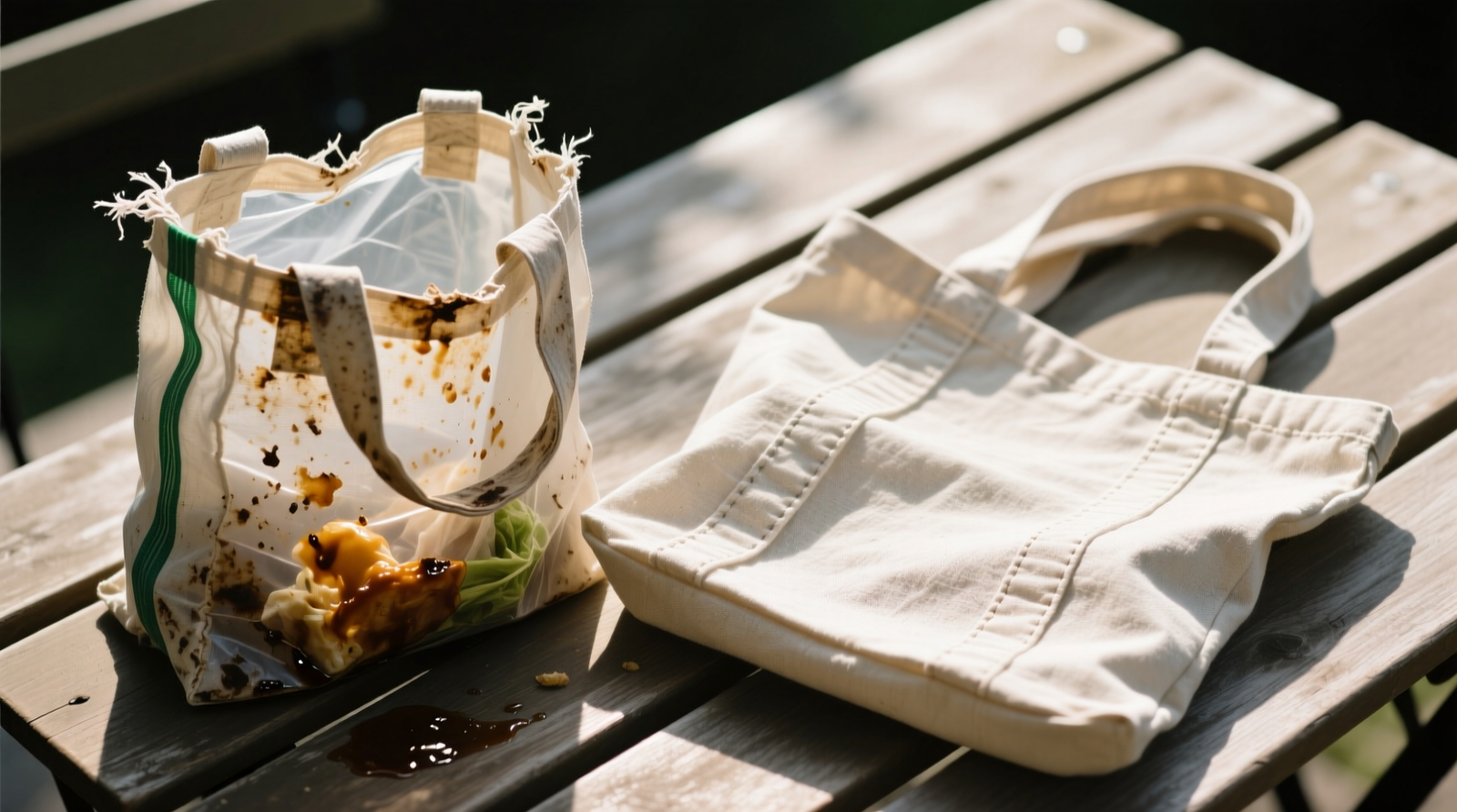 Side-by-side comparison: a visibly stained insulated grocery bag next to a clean, sun-drying canvas bag with visible stitching detail and airflow gaps