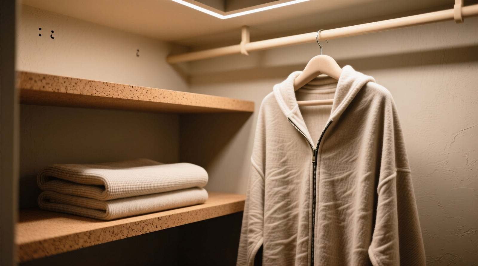 A narrow closet alcove with two precisely spaced floating shelves: bottom shelf holds a navy weighted blanket rolled on a ventilated cardboard tube; top shelf displays a charcoal nap pod upright on its molded base, both surrounded by 3-inch air gaps and lined with natural canvas