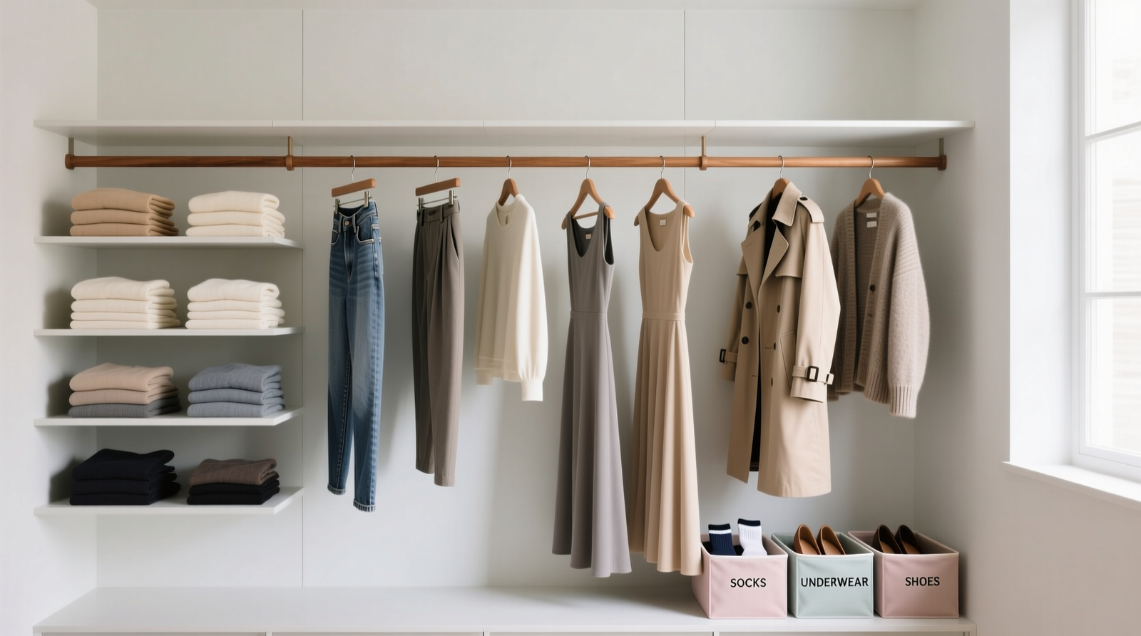 A streamlined closet with 37 garments arranged on a single wooden rod: 12 folded tops in neutral tones stacked on open shelving, 5 hanging bottoms evenly spaced, 4 dresses aligned by length, 3 outerwear pieces grouped at one end, and labeled fabric bins holding socks, underwear, and shoes—everything visible, uncluttered, and color-coordinated