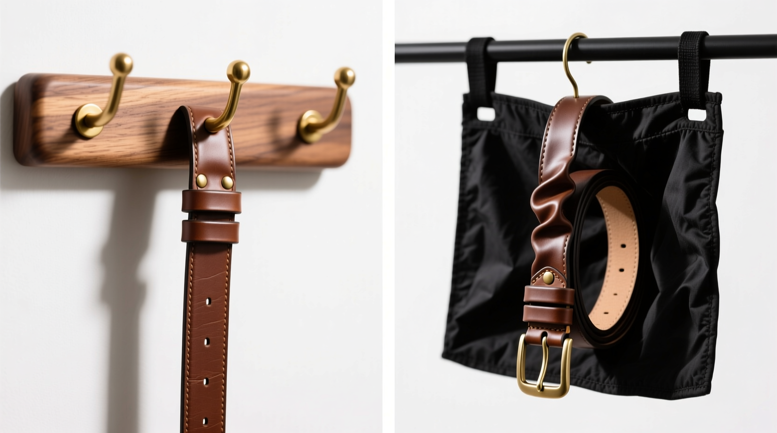 Side-by-side comparison: left shows genuine leather belt hanging straight on a walnut belt rack with brass hooks; right shows same belt twisted and sagging from a black fabric hanging loop organizer, visibly creased at the buckle junction