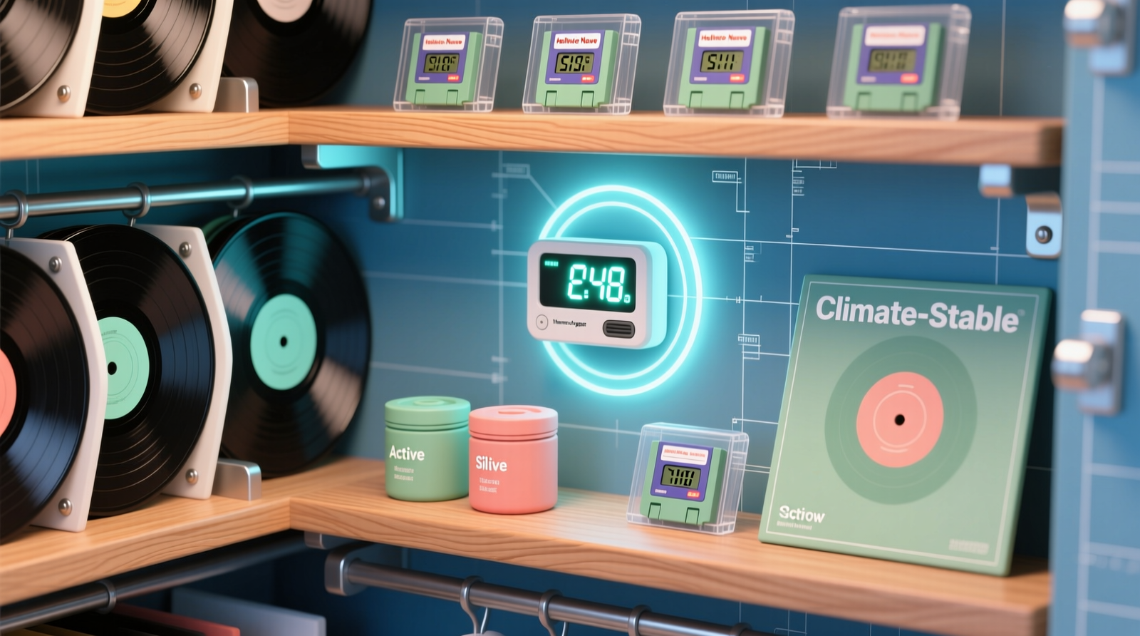 A well-organized closet showing three clearly demarcated zones: left side with vertically shelved vinyl records in inner-sleeves, center open shelf acting as a 6-inch transition corridor, right side with padded hangers for clothing and labeled anti-static cartridge boxes on lower shelves