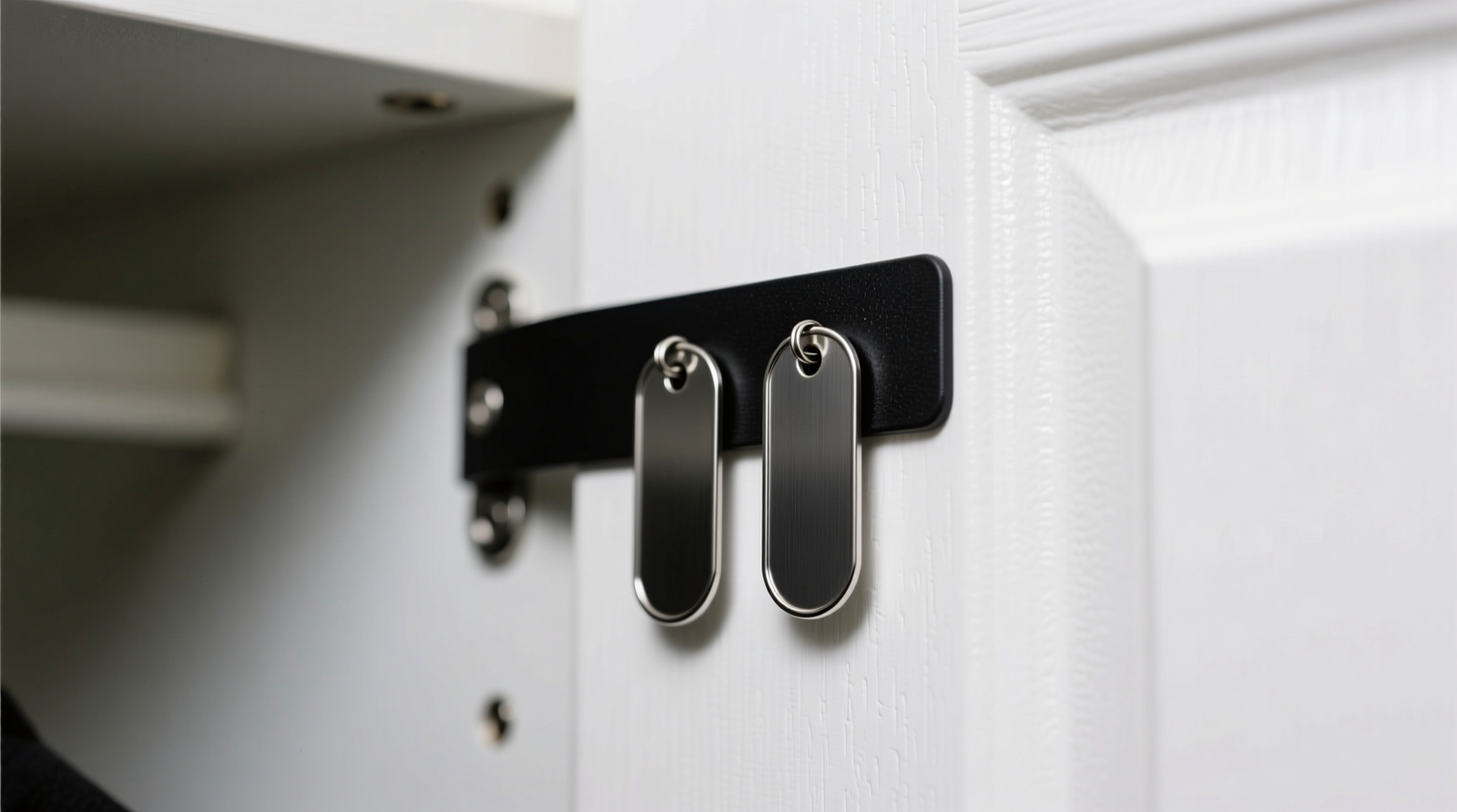Close-up photo of a matte-black magnetic strip mounted vertically on the interior side of a white closet door, holding two slim metal pet ID tags flush against the surface—no glare, no shadow, no visible fasteners