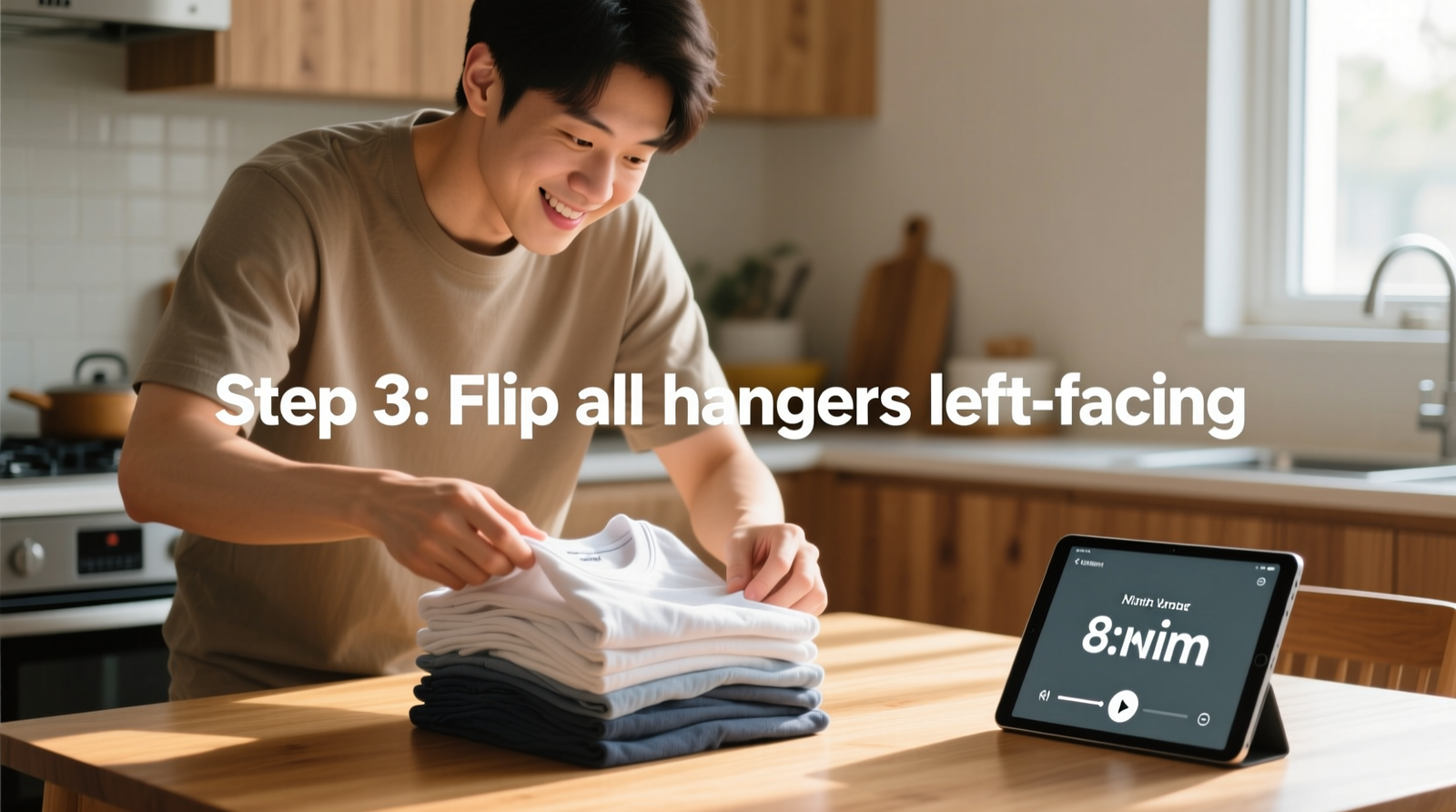 A person folding a stack of t-shirts while glancing at a small tablet showing a paused 8-minute podcast timer with the words 'Step 3: Flip all hangers left-facing' visible on screen