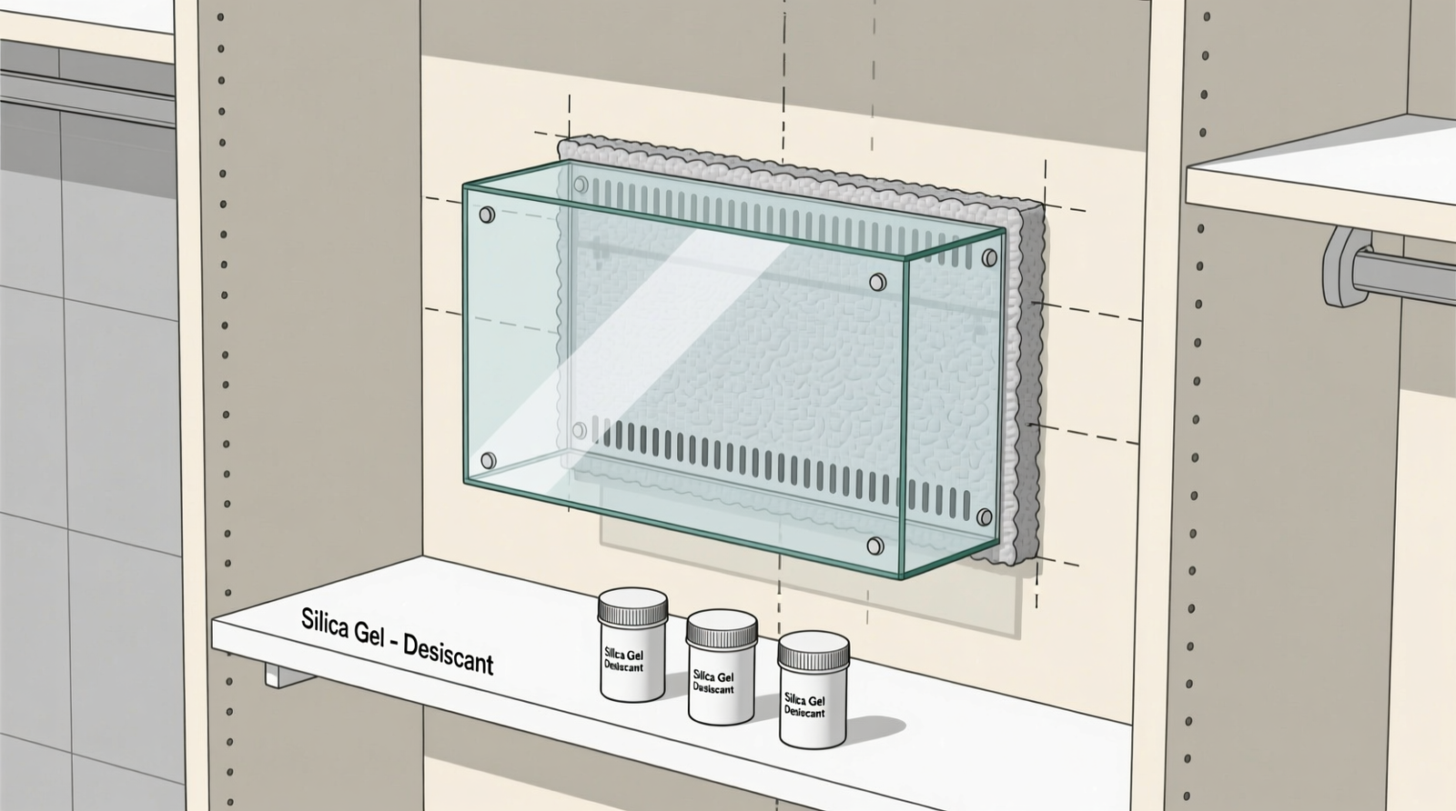 A minimalist closet interior showing open-back acrylic display shelves mounted 3 inches from the wall, with subtle LED strips illuminating figure bases; visible airflow gaps between tiers and a digital hygrometer mounted discreetly on the side panel
