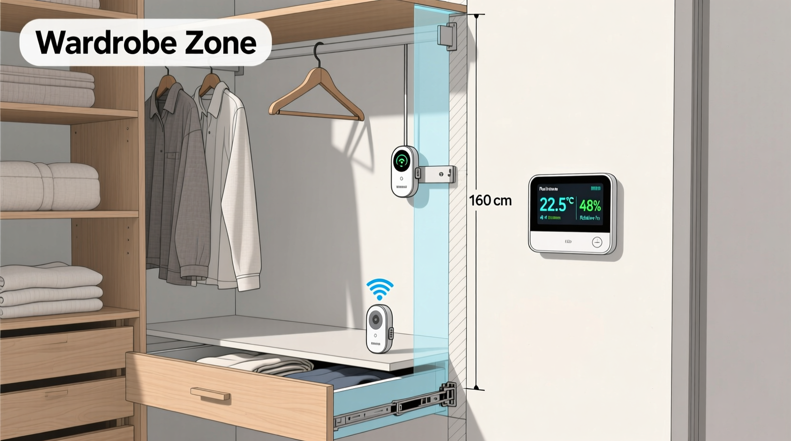 Cross-section diagram showing two wireless sensors positioned inside a walk-in closet: one mounted vertically behind hanging garments at shoulder height, another inside a shallow drawer; both linked wirelessly to a wall-mounted smart thermostat displaying real-time temp/RH readings and an active 'wardrobe zone' label