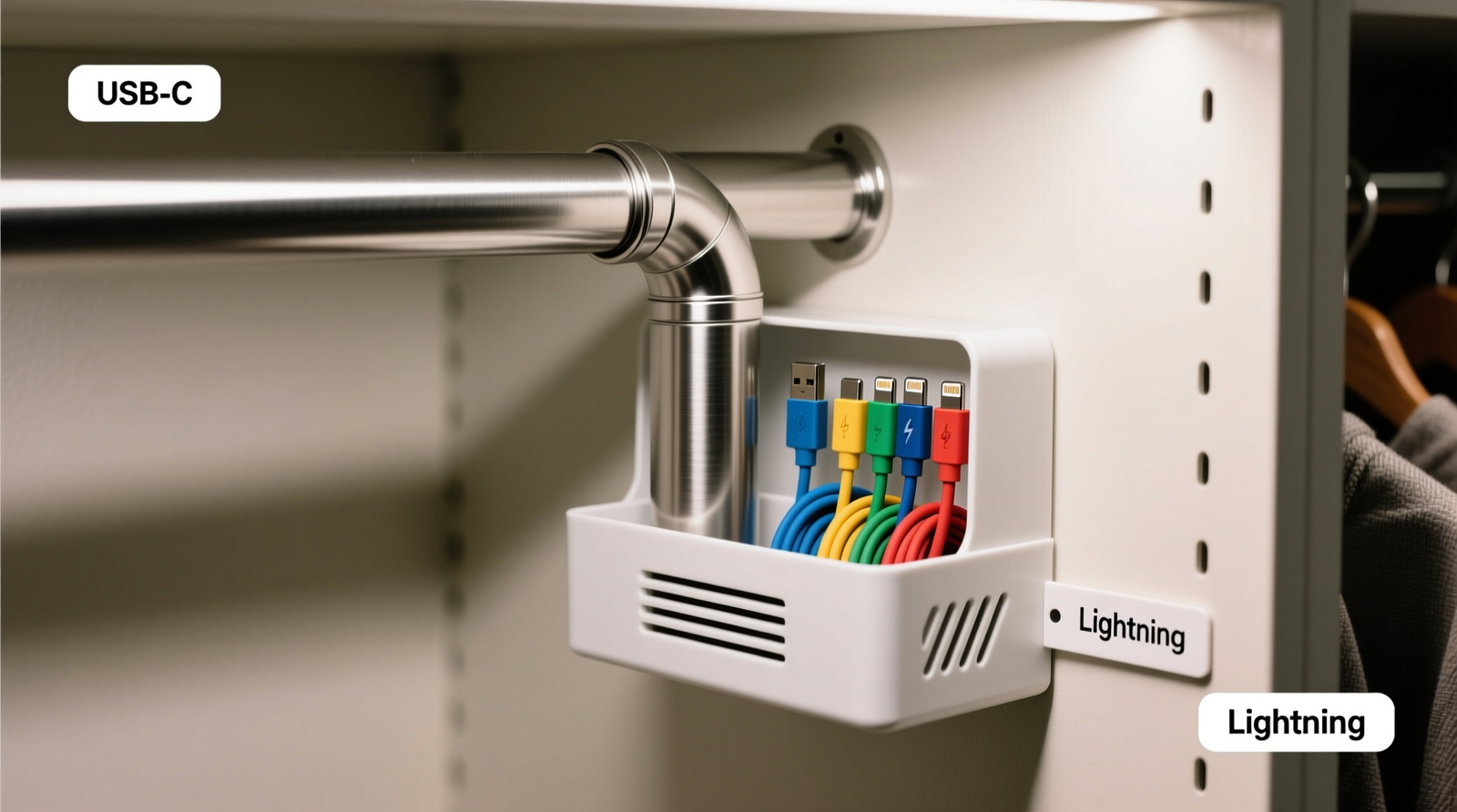 Close-up photo showing a brushed nickel metal conduit running vertically along a closet’s interior side panel, entering a ventilated UL-listed white organizer box mounted at waist height, with color-coded USB-C and Lightning cables emerging cleanly into open air—no fabric, no tangles, no visible adapters inside the closet