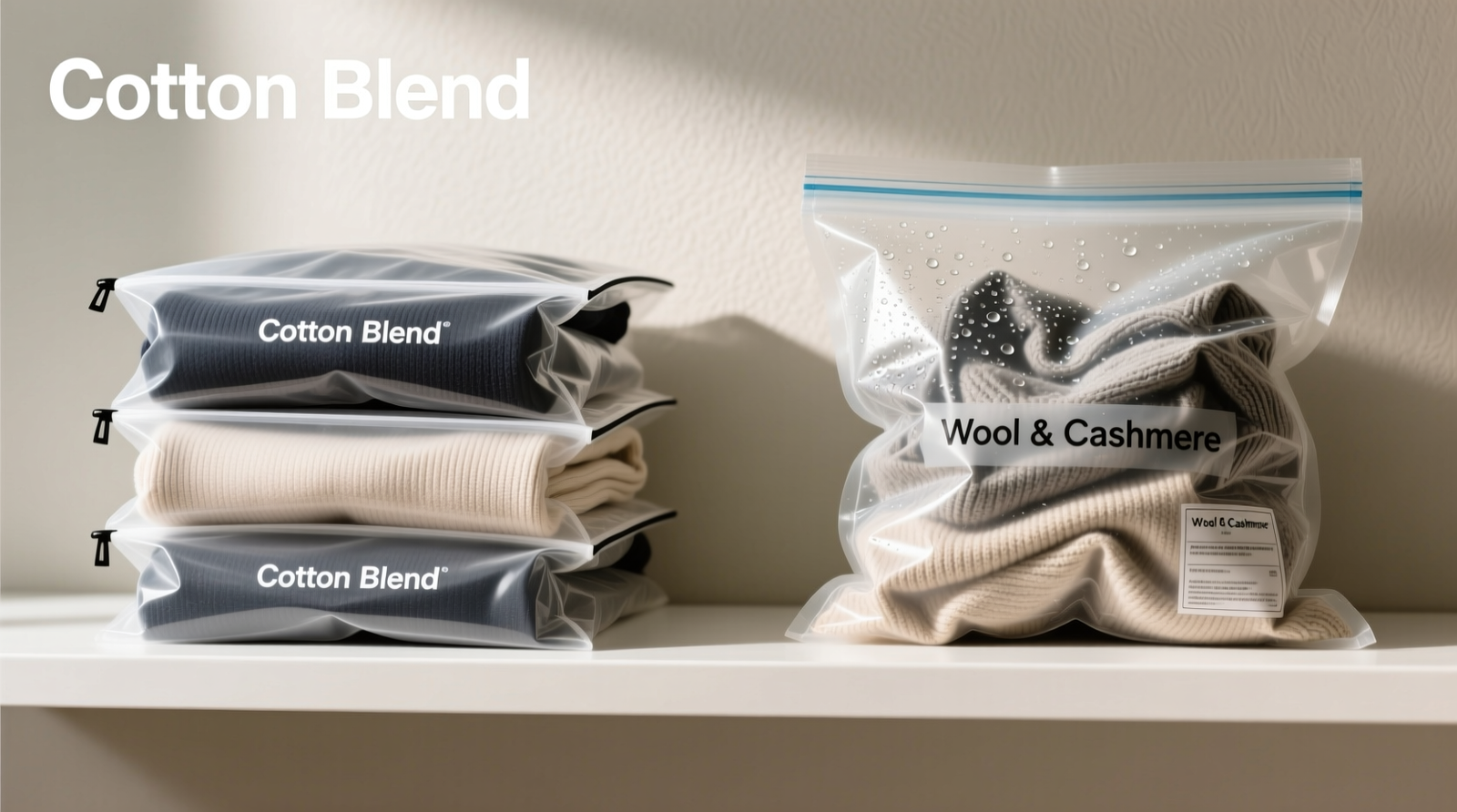 Side-by-side comparison: neatly folded sweaters in breathable foldable garment bags on a shelf versus vacuum-sealed bags with visible condensation and wrinkled fabric inside