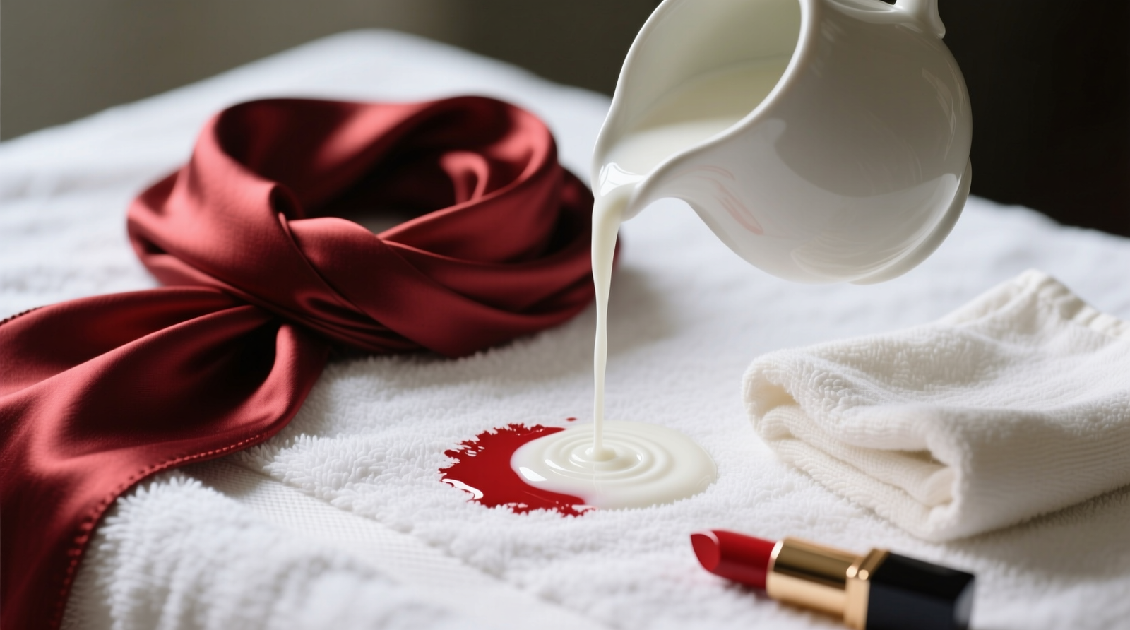 Close-up of a hand gently dabbing translucent, slightly glossy aloe vera gel onto a vibrant red lipstick stain on a pale ivory silk scarf, with folded white linen towels and chilled glass bowl nearby