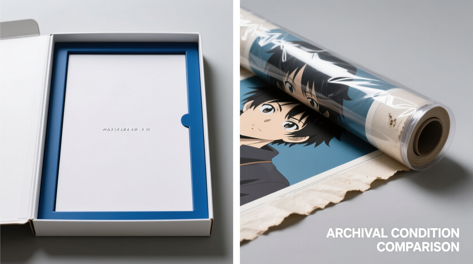 Side-by-side comparison: A limited edition anime poster lying perfectly flat inside a white acid-free archival box with blue rigid board insert versus the same poster partially unrolled from a clear plastic tube showing visible curl at the edges and faint scuff marks near the top rim