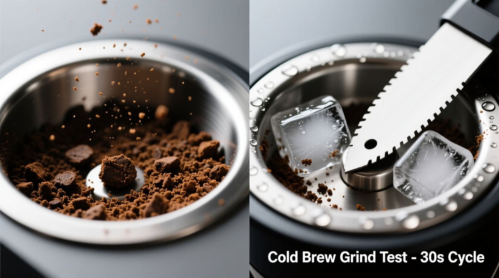Side-by-side macro photos: left shows dry, coarse cold brew grounds scattered over stainless steel disposal chamber; right shows same chamber after 30-second grind cycle with ice cubes—no residue, clean blade surface visible