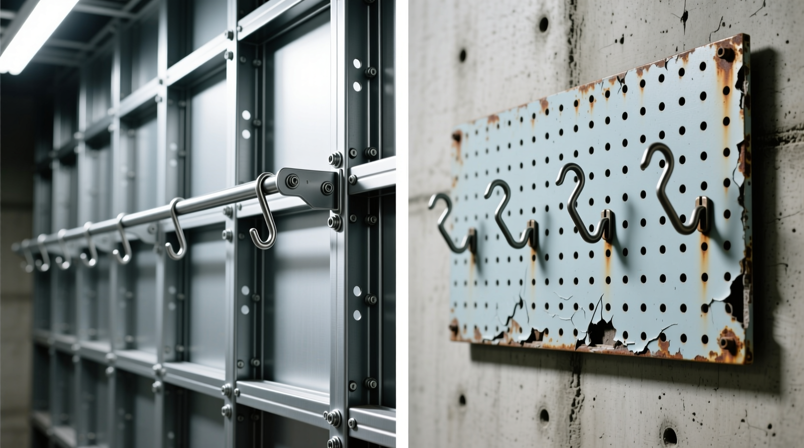Side-by-side comparison showing steel wall grid system with heavy-duty garment bar and S-hooks mounted flush to wall studs, next to sagging pegboard with bent hooks and visibly stretched holes