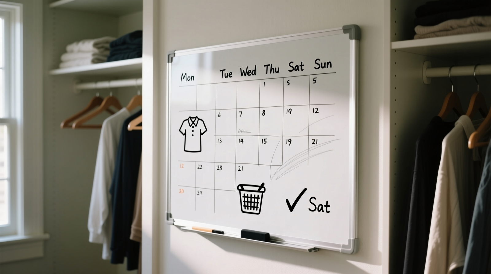 Close-up of a minimalist whiteboard calendar mounted inside a walk-in closet, showing neatly drawn weekly grid with simple icons: a shirt symbol next to 'Wed', a laundry basket icon under 'Fri', and a checkmark beside 'Sat' indicating wash completion