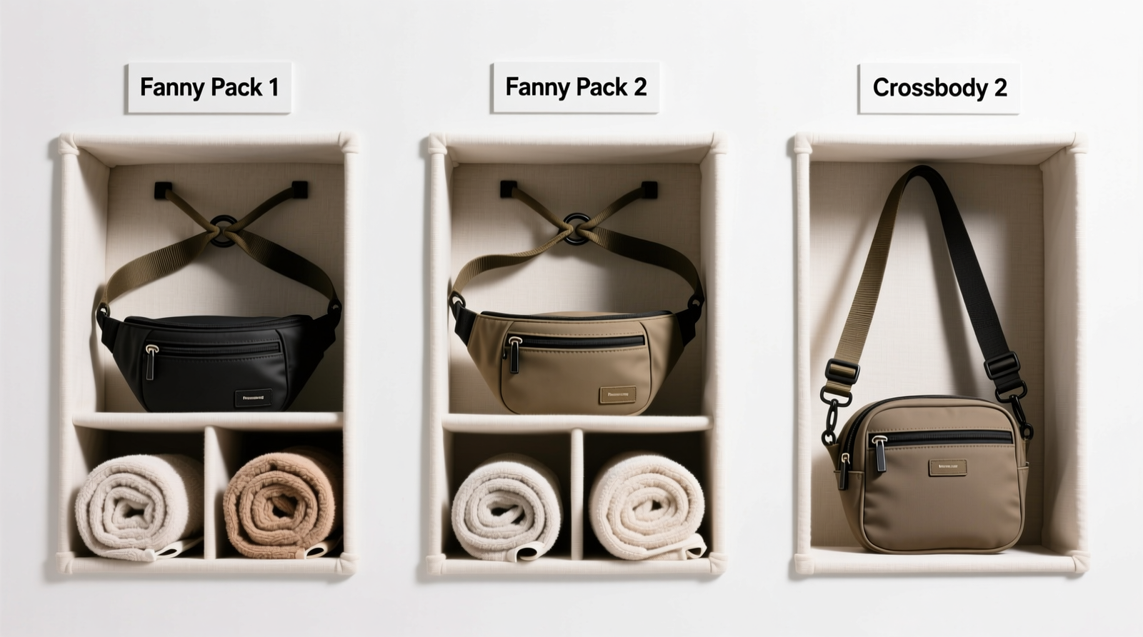 Three fanny packs and two crossbody bags standing upright in labeled fabric cubbies, each with visible rolled towel inserts and straps neatly looped over the front edge—no overlapping, no compression, consistent spacing
