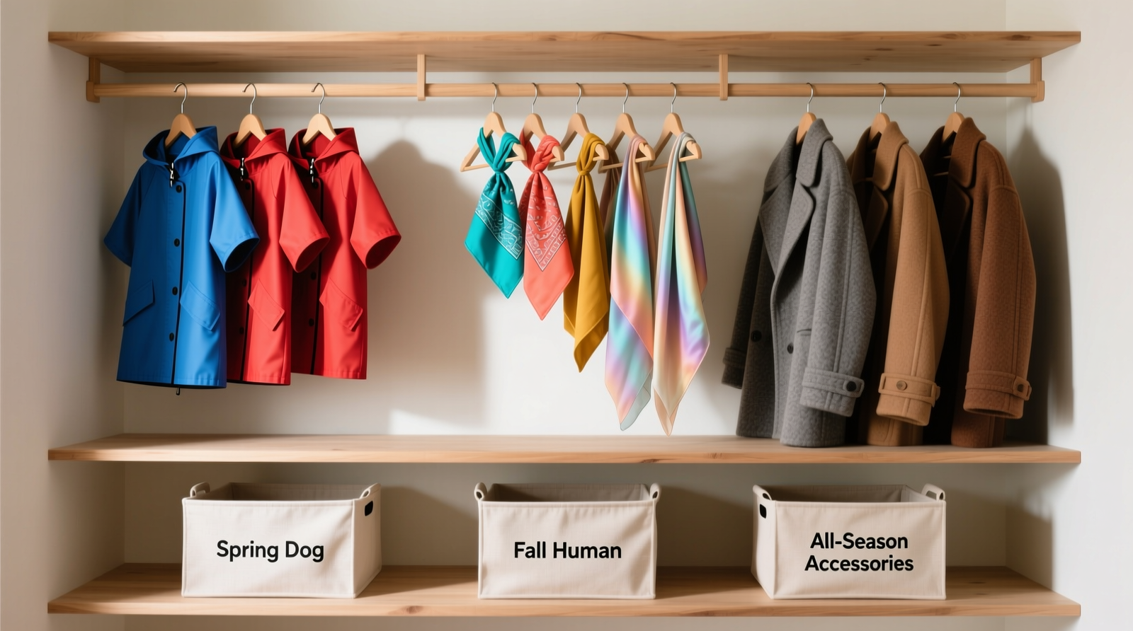 A minimalist closet rod showing five rotating acrylic hangers, each holding one folded cotton pet bandana and one matching human scarf or headband, all grouped by warm neutral tones; labels visible on base; cedar block discreetly mounted behind rod