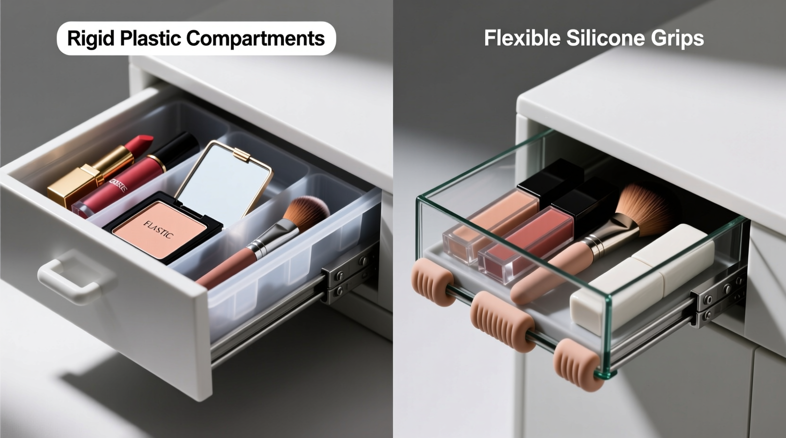 Side-by-side comparison: left drawer shows cosmetics sliding freely inside rigid molded plastic compartments; right drawer displays same items held securely by flexible silicone grips positioned at base contact points on glass, metal, and ceramic surfaces