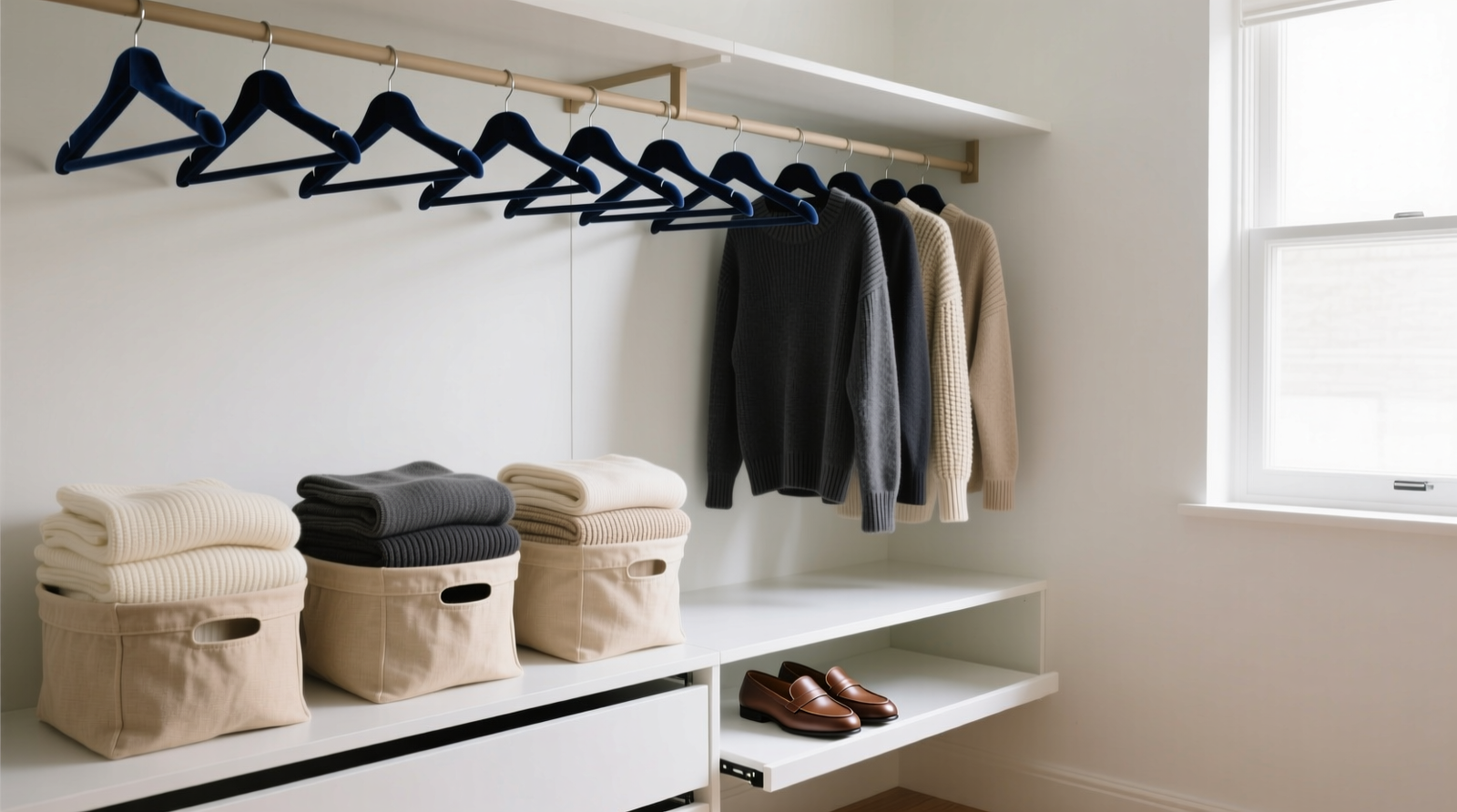 A minimalist, well-lit closet with uniform velvet hangers, neatly folded sweaters in open canvas bins, and a single pull-out shoe shelf—no visible electronics, wires, or screens
