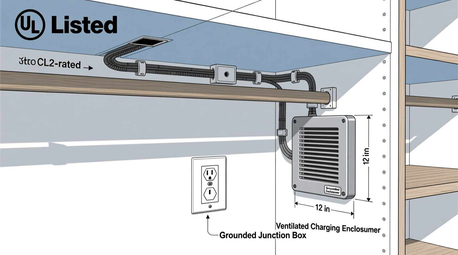 Cross-section diagram showing rigid metal conduit routed vertically through closet stud cavity, terminating at a ventilated shelf cavity housing a UL-listed DC power module and flush-mounted dual USB-C/USB-A faceplate with aluminum heat-dissipating backplate