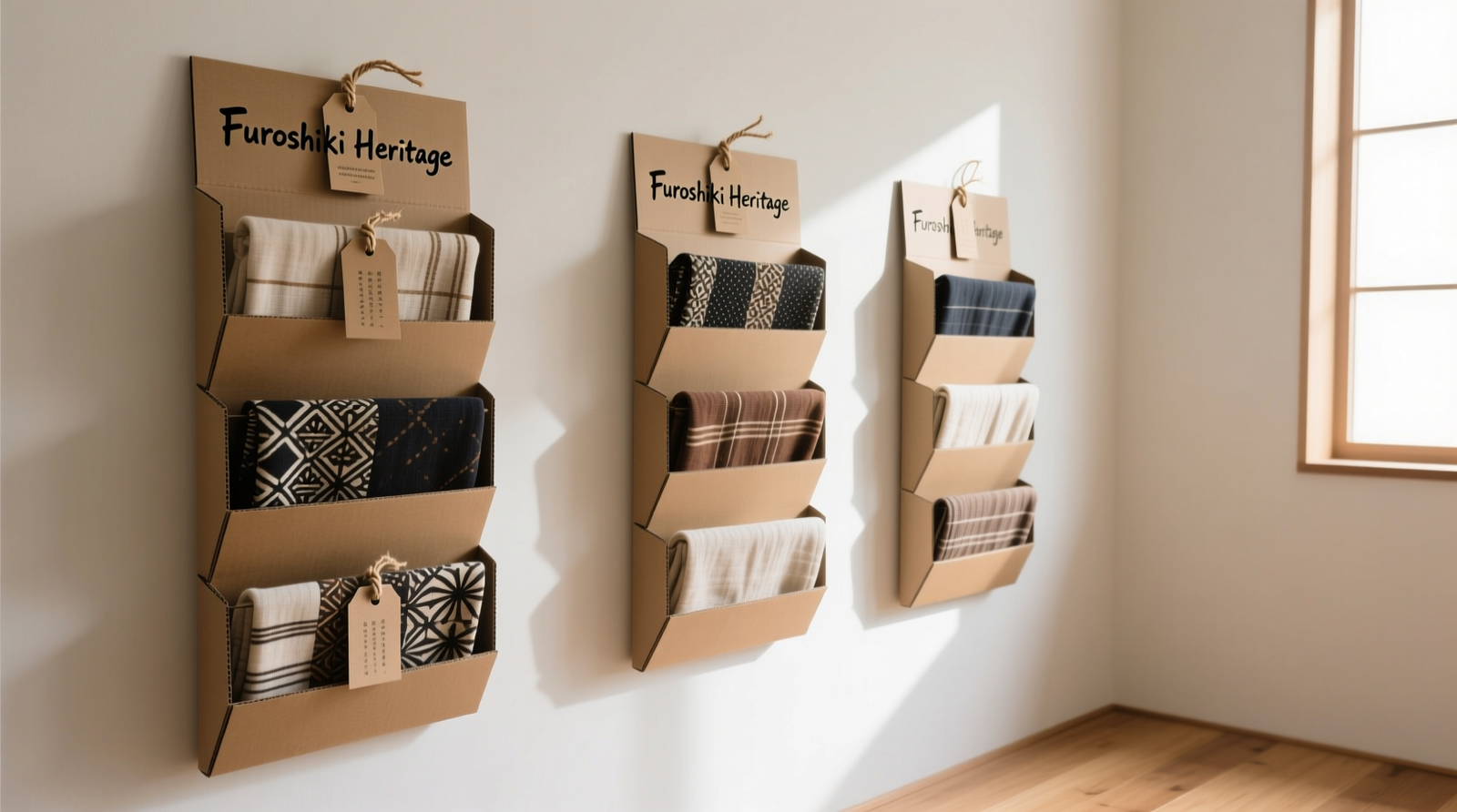 A minimalist closet interior showing three vertically mounted magazine-style racks, each holding five furoshiki cloths in crisp, rigid cardboard sleeves; cloths face outward, fully visible, with hand-stitched fabric tags aligned at the top edge; soft warm light illuminates texture and pattern clarity