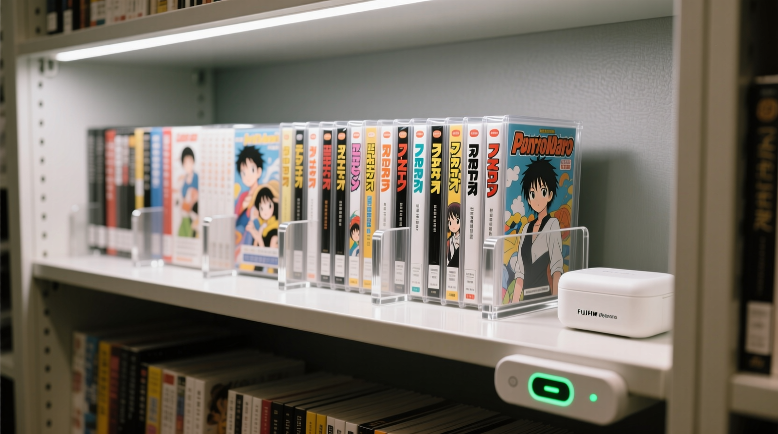 A well-organized closet shelf showing vertically stored manga box sets in clear polypropylene sleeves, spaced evenly with acrylic bookends, and a discreet rechargeable desiccant canister visible at the base of the shelf