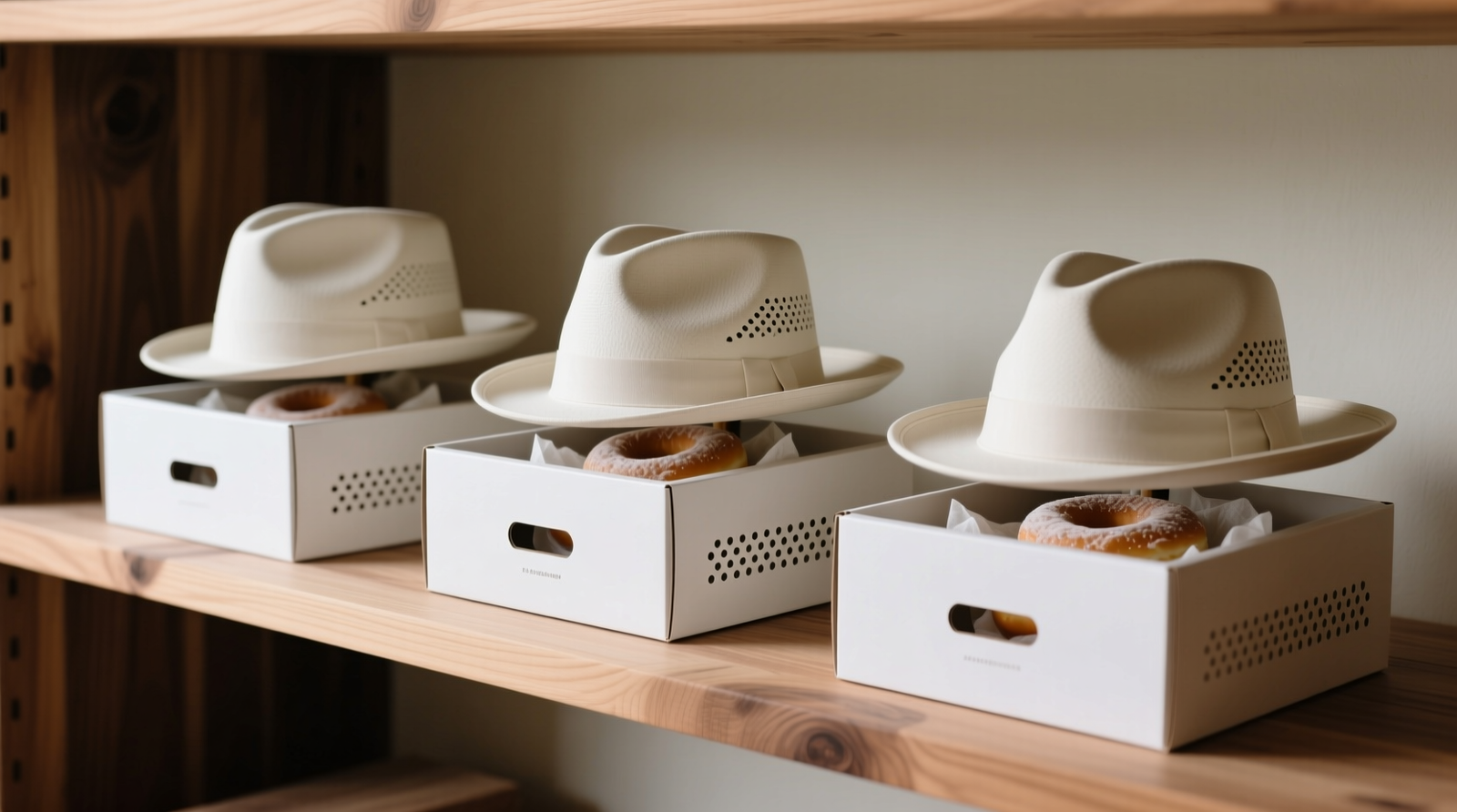 Three identical rigid white hat boxes with laser-cut ventilation holes, each containing a structured fedora upright on its brim; soft tissue donuts visible inside crowns; boxes placed on unstained cedar shelving with subtle grain texture
