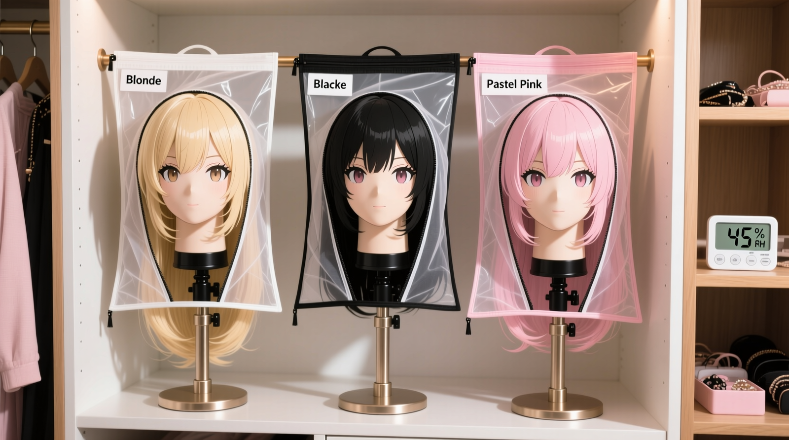 Three anime wigs on adjustable padded wig stands arranged side-by-side in a well-lit closet; each is covered with a labeled breathable mesh bag partially unzipped to show shape retention; background shows open shelving with humidity monitor visible