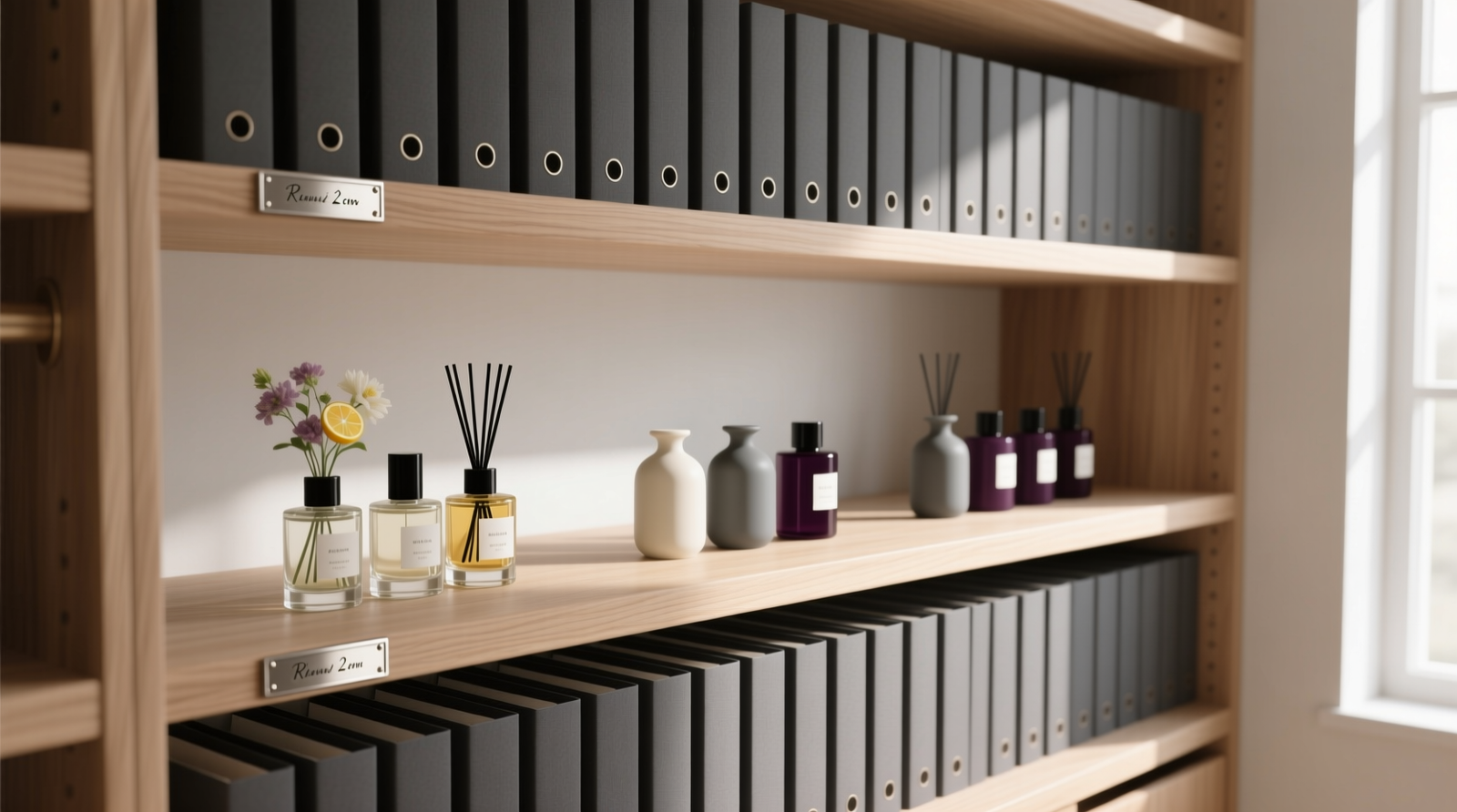 A minimalist interior-facing closet cabinet with matte-finish wood shelves, lined with charcoal-gray archival paper; fragrance bottles placed upright with 2 cm spacing, grouped by scent family, no labels facing outward—only subtle engraved metal tags visible on shelf edges
